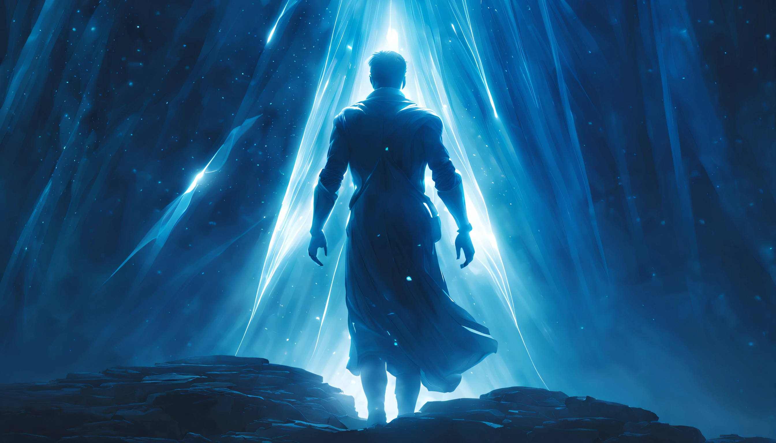 far distant man in a bright glowing aura of light, ascension, UHD, by Aleksi Briclot and Alessio Albi and Alexandre Cabanel, unzoom