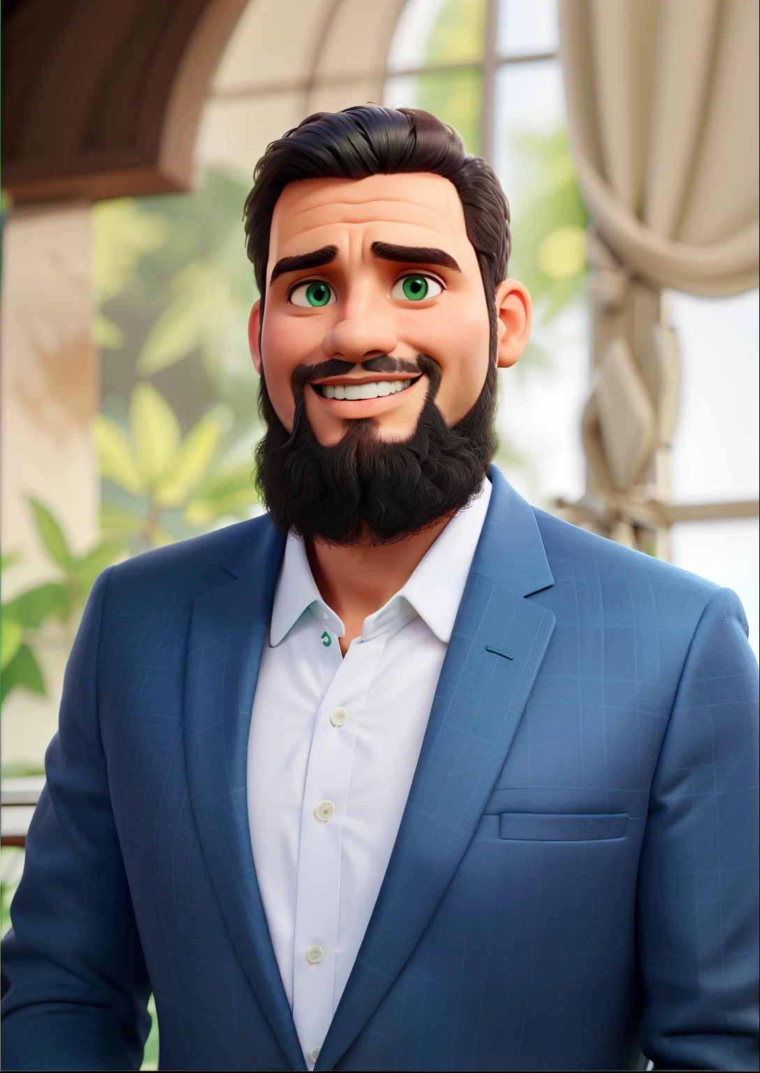 um Pastor barbudo com terno azul sobre um fundo verde