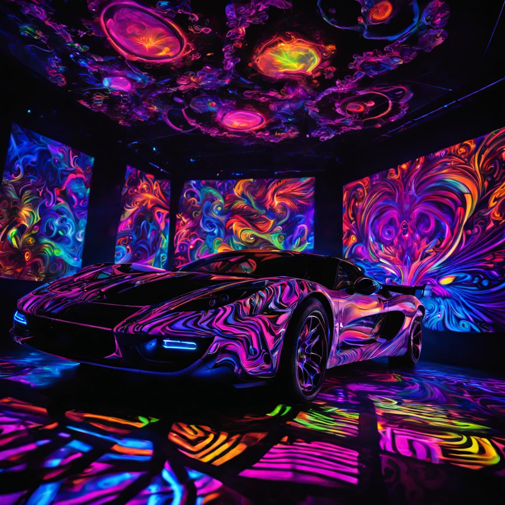 blacklight art, black light and art, ultraviolet responsive, Psychedelic, tmasterpiece, tmasterpiece, incredibly beautiful, Doubleexposure:1.7, dancefloor, discotheque, dj, smoke car