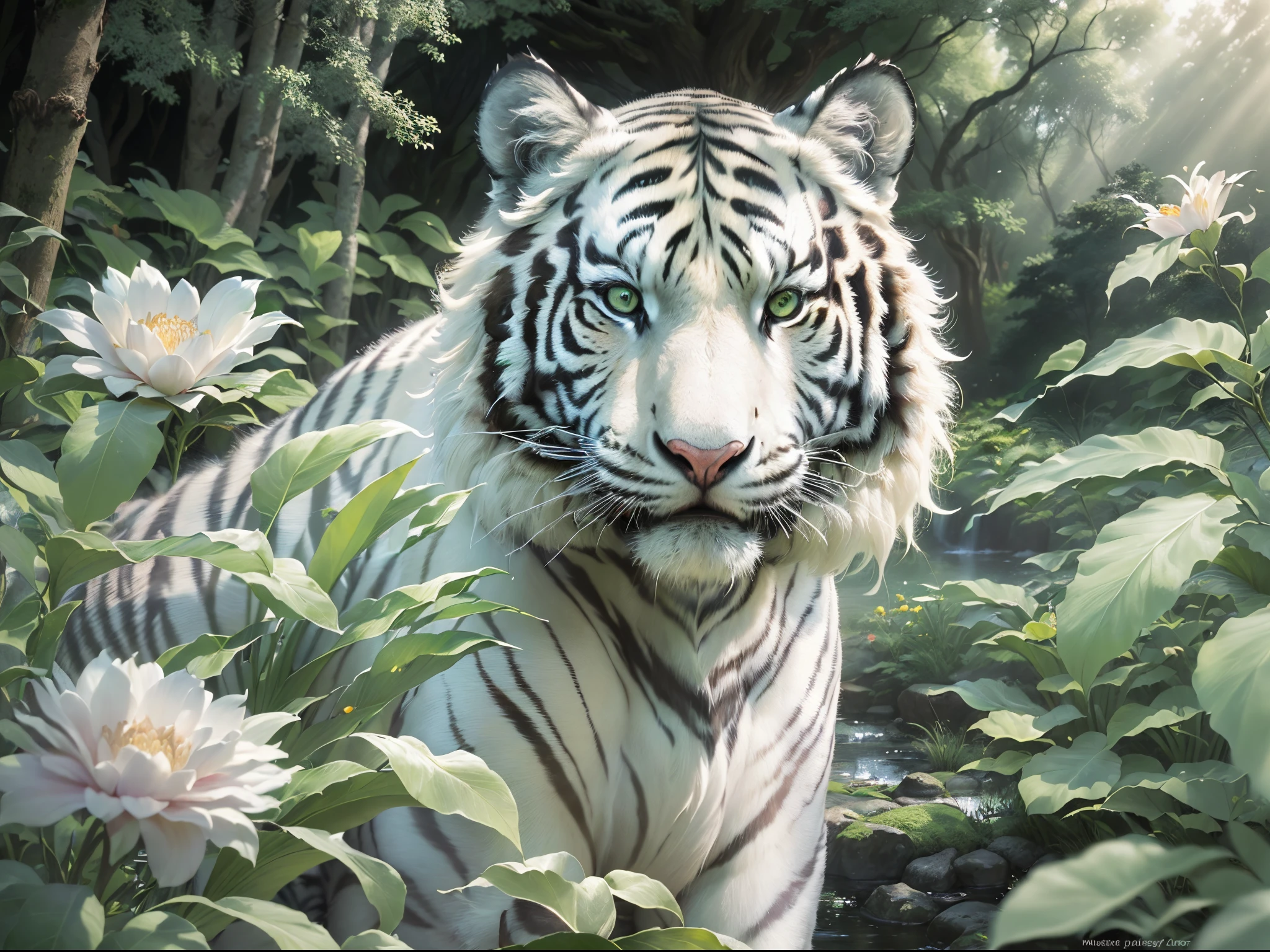 (masterpiece, best quality:1.4) ， (White Tiger:1.2) ,  (detailed light) , feather, leaves, nature, (sunlight) , river, (forest) , (bloom) , Anime,Unconventional, Action scene, Sun in the sky, stylized by Janice Sung, Govaert Flinck, Sketched, Methaphysical painting, Intentional Camera Movement, Ilford HP5+ 400, L USM, 8k resolution