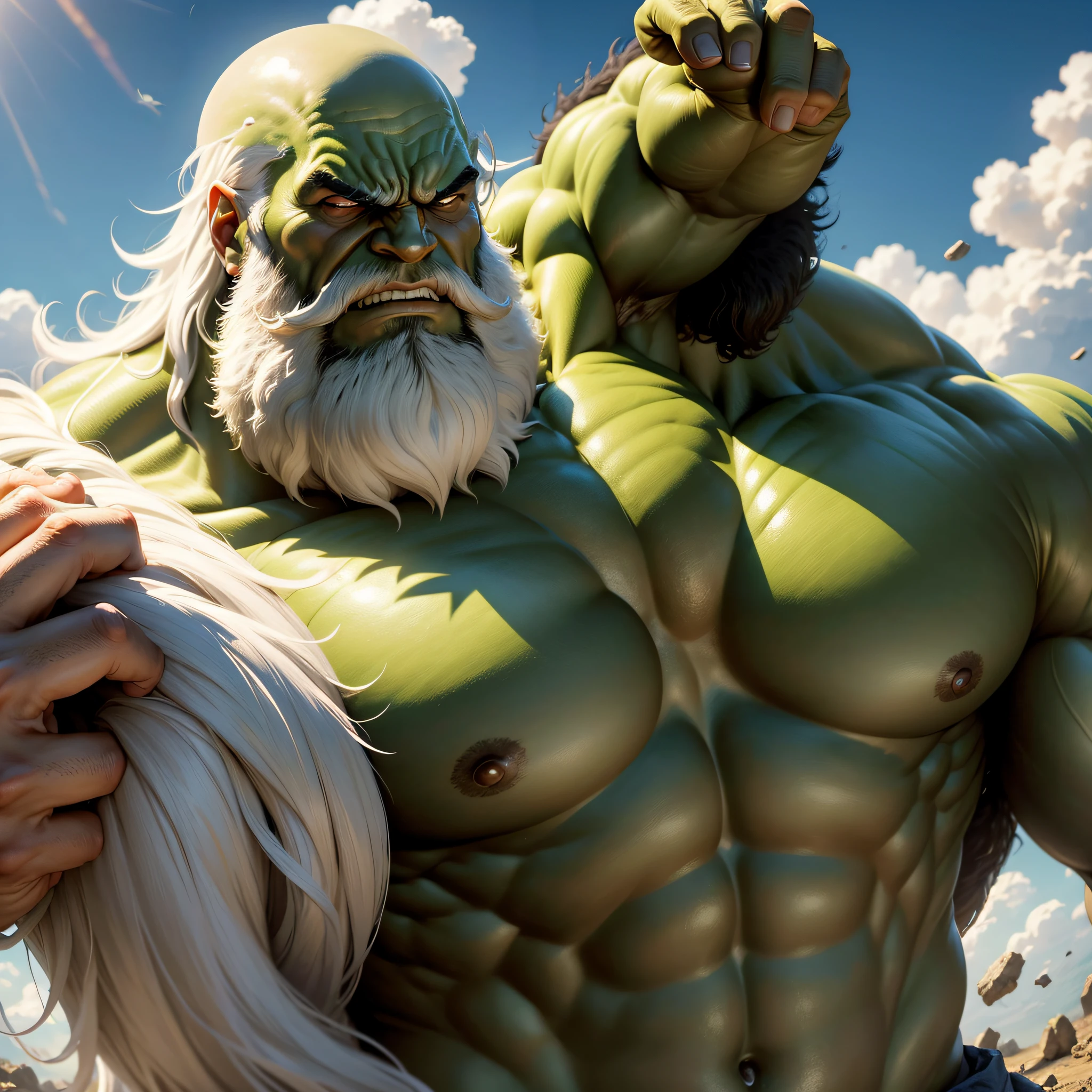 the incredible hulk wearing a studded leather harness, green skin, veins busting out of the skin, muscles bursting out, bara chest, big white beard, aggressively flexing, most muscular pose, detailed skin, skin blemishes, lighting should be warm and inviting, casting a soft glow and highlighting the rich colors of his flesh, background cinematic Hollywood movie style, light depth of field, vignette, highly detailed, high budget