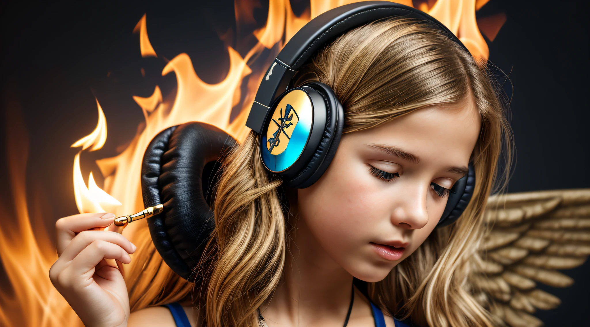 mENINA BLONDE CHILD IN BRAIDS, holding a record and a watch in her hands, music is life, music records, black and yellow and red scheme, vibrating with music, promotional images, holding a vinyl record, uploading high quality, wearing red and yellow clothes, spinning records, holding a disc, yellow and red color scheme, Red and yellow color scheme, official product photo