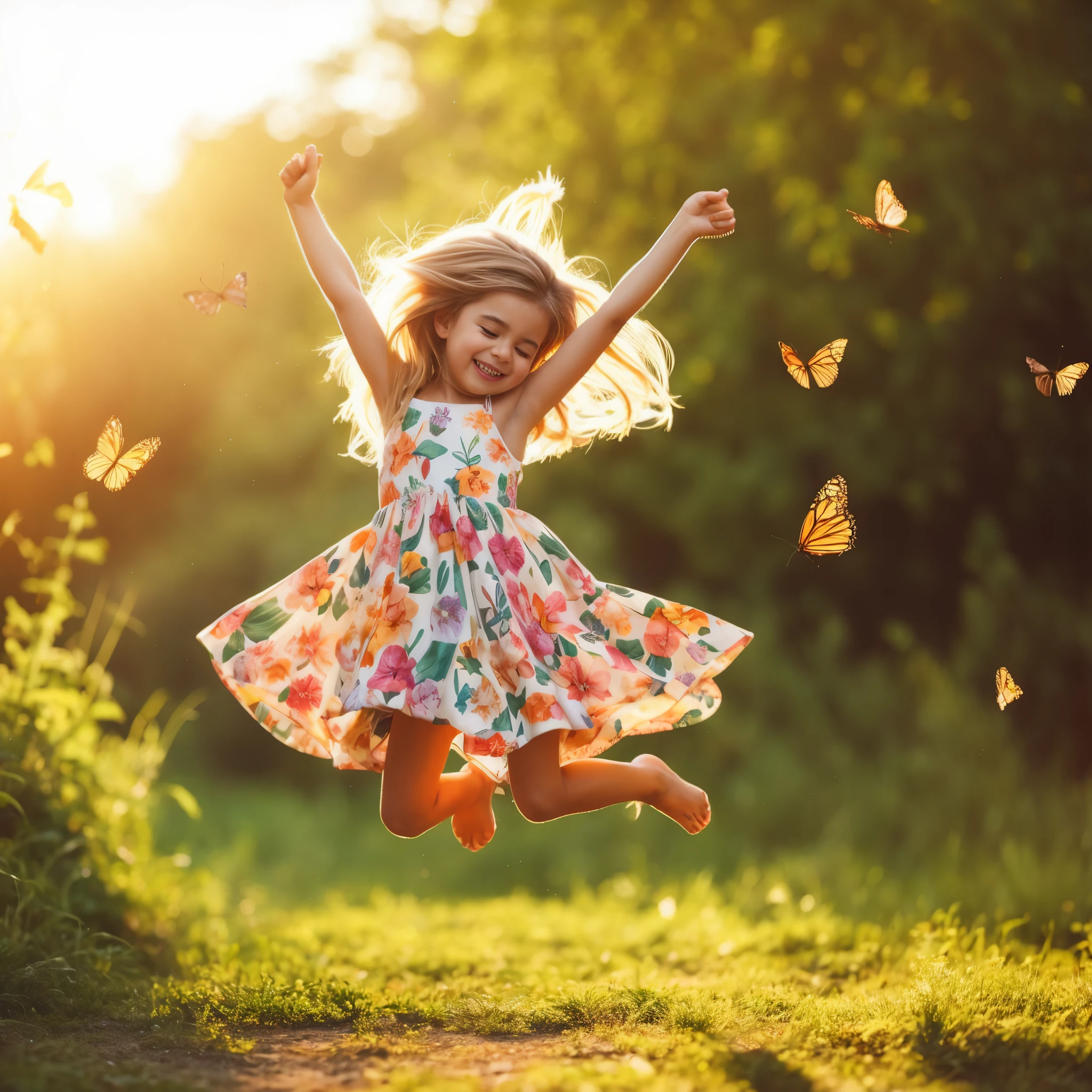 Arafed girl jumping in the air with butterflies flying around her., muchacha saltando en un campo de flores, happy girl, Jumping for joy, extendiendo sus alas, Girl dancing in a field of flowers, happy ???, Pure joy, Mariposas y rayos de sol, Radiant morning light, Luz matutina de verano, extremadamente feliz, feliz y hermosa, saltando en el aire, !!Beautiful!!