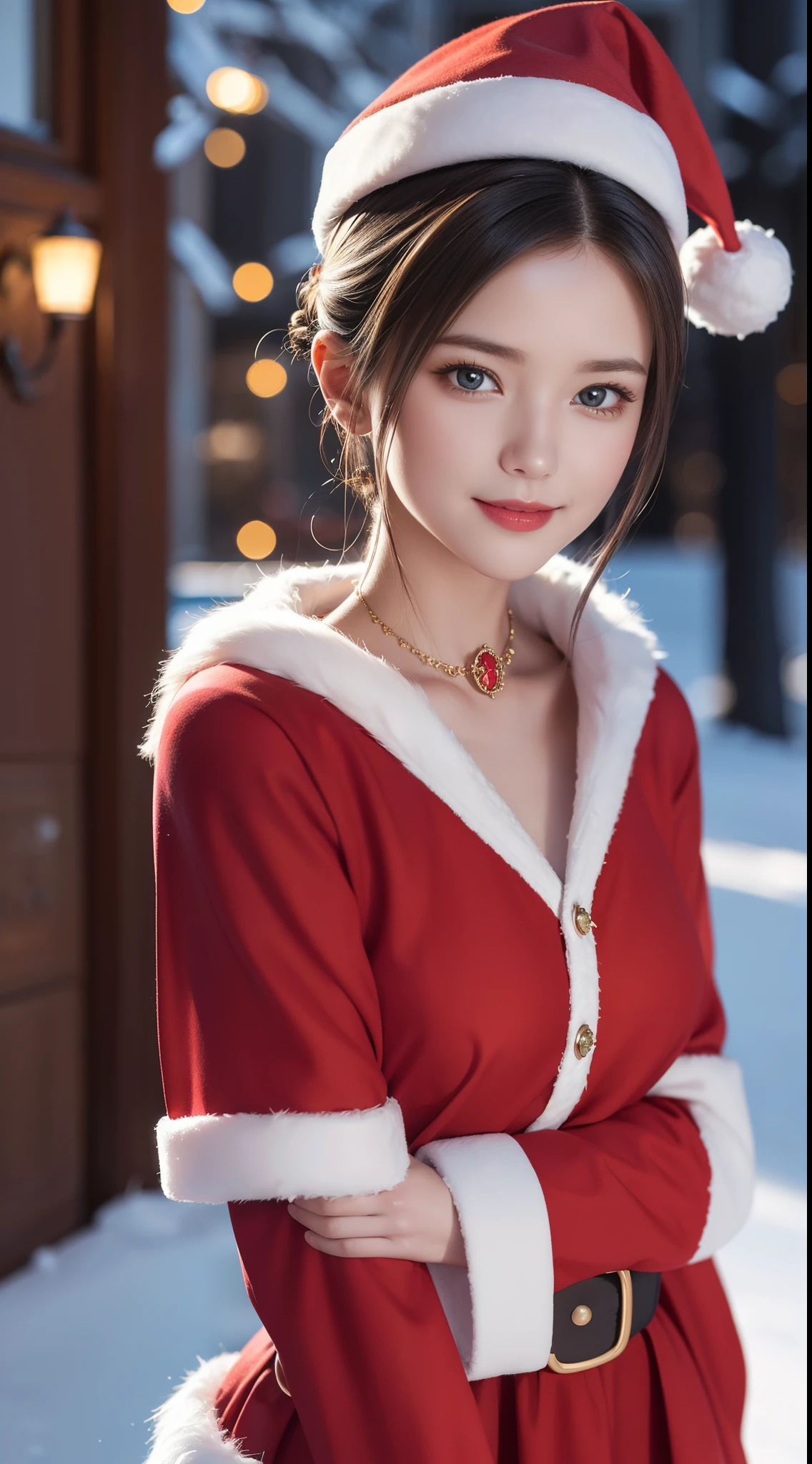 (Aesthetic, High Resolution: 1.2), full-body portrait of a beautiful 20-year-old woman wearing an intricately detailed red boby Santa Claus costume, symmetrical costume structure, bright clear eyes, happy smile, changing hairstyle, falling snow, snow in hair. Professional photographer, minimalism, conceptual art, intricate detail, 8k post-production, High Definition, Ultra Detail, trending on ArtStation, sharp focus, artistic dark studio photos, details Intricate details, Highly detailed, By Greg Rutkowski, professional light and dark art, Vibrant colors. Outdoor winter scene with snow in the evening, A slight smile, True art, many hairstyles and color changes, Passionate mood, Seductive expressions, Sexy lips, Wet lips, Eyes seductive aim, seductive appearance, seductive posture. 3D vector art、caliber cat、Cat in Santa hat、Cat with bell collar、cute christmas gift, cat fur、Surreal quality, Cute and quirky, Fantasy art, Brand Watercolor effect, girl hugging a cat.