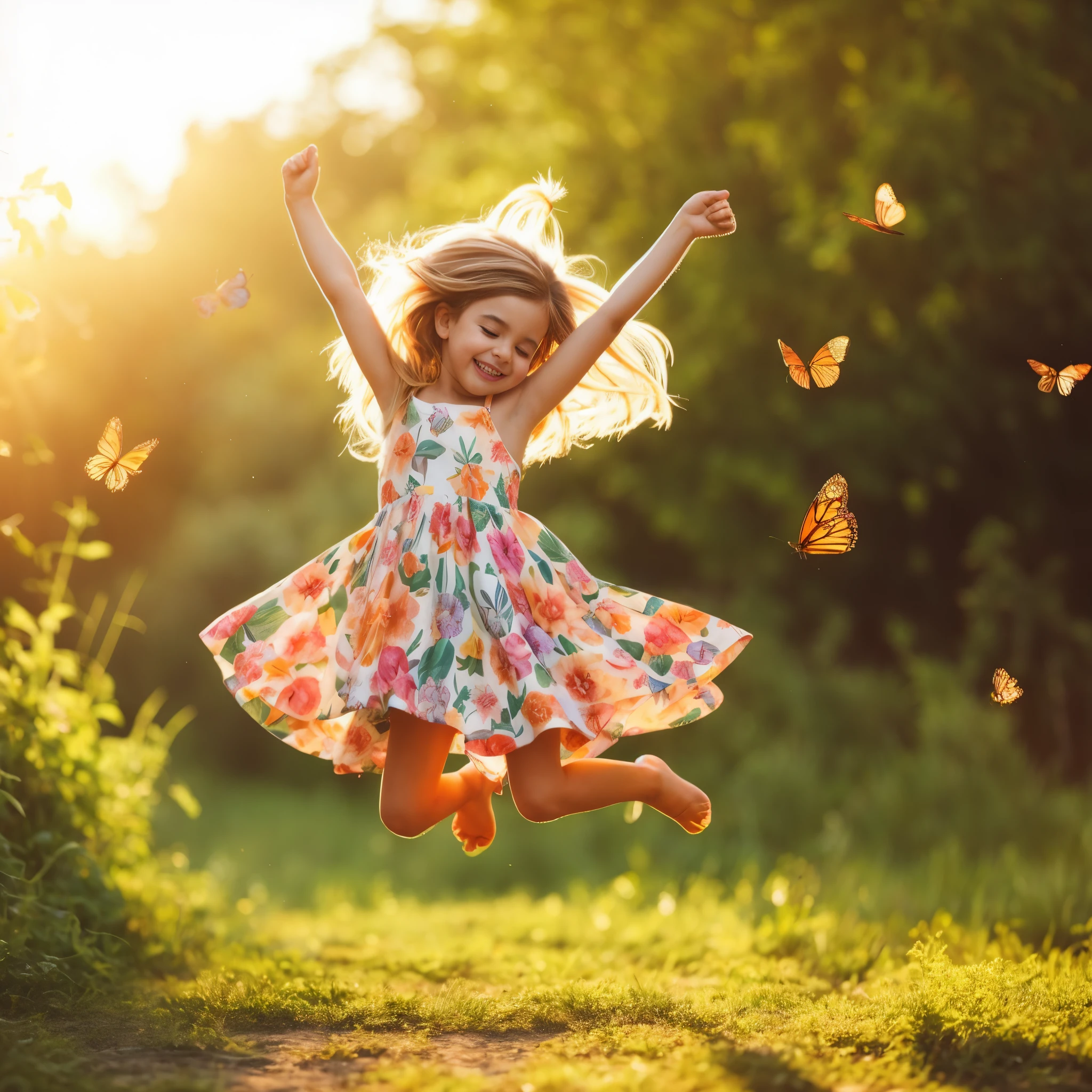Arafed girl jumping in the air with butterflies flying around her., muchacha saltando en un campo de flores, happy girl, Jumping for joy, extendiendo sus alas, Girl dancing in a field of flowers, happy kid, Pure joy, Mariposas y rayos de sol, Radiant morning light, Luz matutina de verano, extremadamente feliz, feliz y hermosa, saltando en el aire, !!Beautiful!!