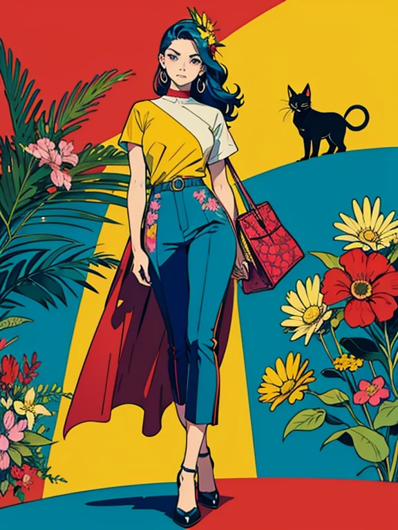 Criar arte digital no estilo Pop Art, Apresentando um gato vibrante e confiante,moda de rua, esquema de cores do filme, Rodeado por motivos de flores vintage, Pinceladas vibrantes,Emotions Should Be Dynamic, dorso, desenho, illustration, escala cinza, tropical, muitas flores,