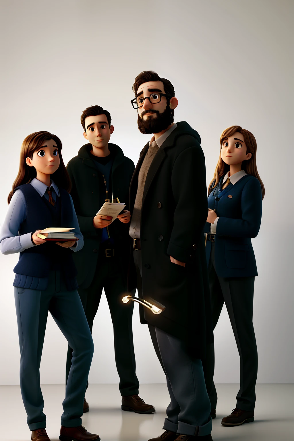 Four grown-up, wise people, illuminated by the light of a lamp, against the backdrop of a library