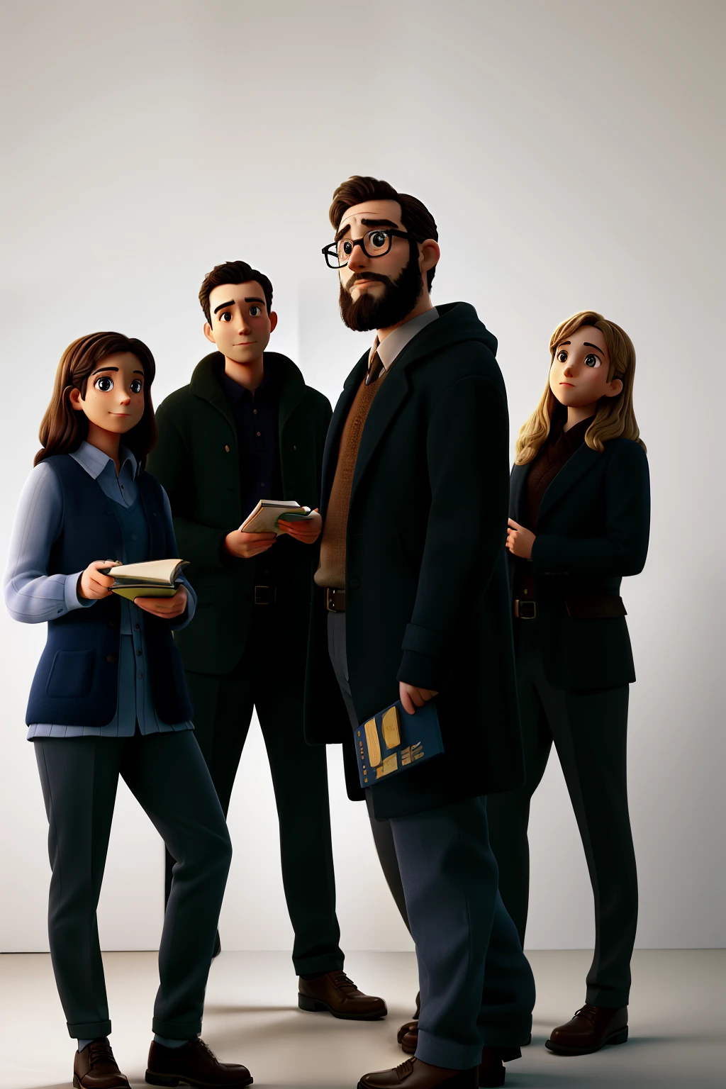 Four -up, wise people, illuminated by the light of a lamp, against the backdrop of a library