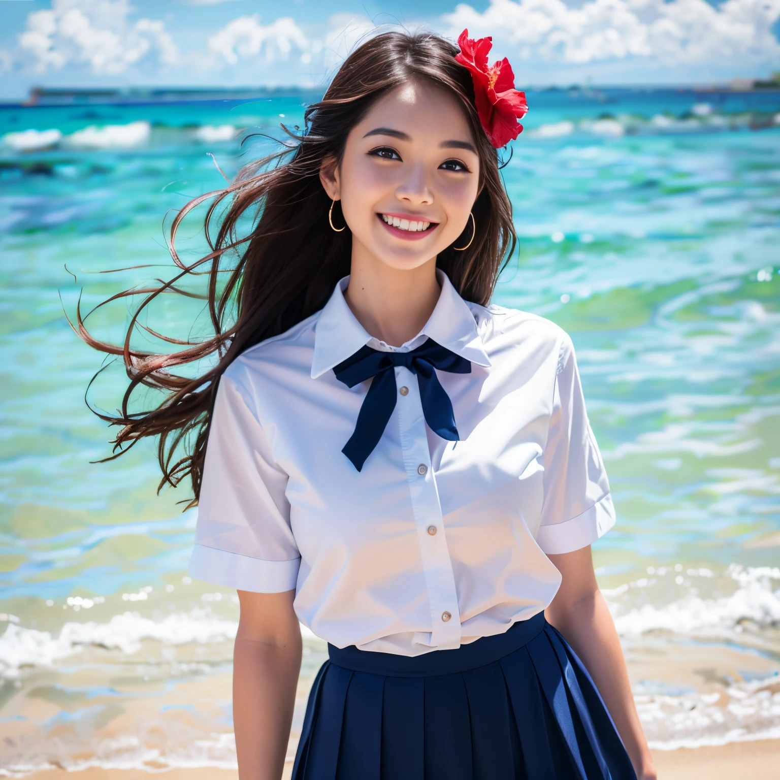 ((top-quality、masutepiece、8K、Top image quality、Highly complex and detailed depictions))、(1 photo:1.7)、(1 girl:1.3)、(1 school.3)、(the biggest smile looking at me、Beautiful beach)、(Uniform white shirt、uniform navy pleated skirt)、(large full breasts、Emphasize body lines、Glamorous body、Hair swaying in the wind、sand beach、beautiful ocean、Tropical Plants、One red hibiscus on the head、Crystal clear and sparkling sea、Complex sea glow、Depicts beautiful sea details、Brightly lit face、Beautiful summer sky、beautiful thunderclouds)、(Accurate uniform:1.3)、(accurate anatomy:1.3)、(cowboy  shot:1.3)