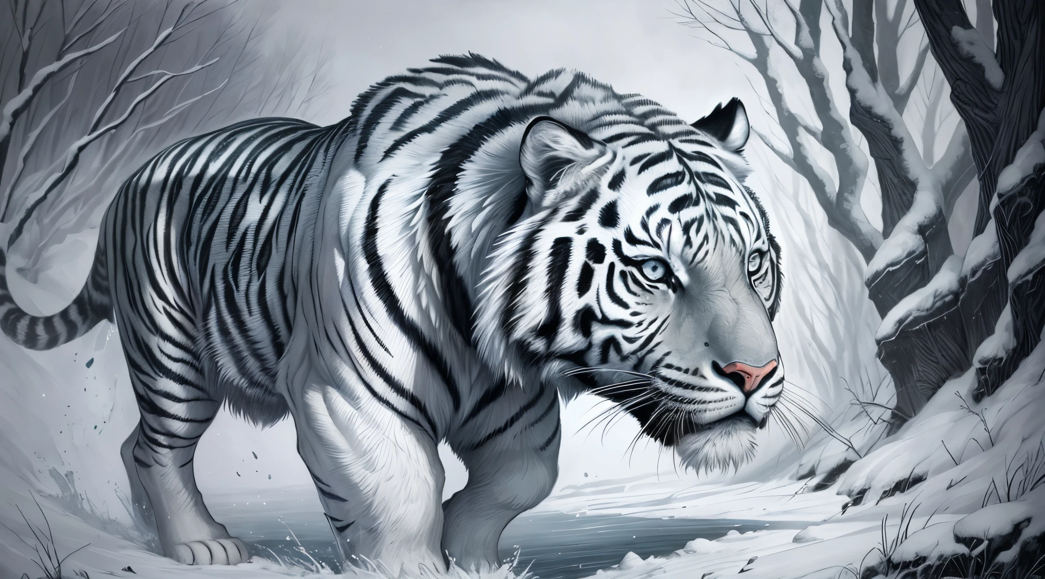 (Absurdres:1.2), exquisitely detailed Siberian Tiger, impressionistic style, black and white, pastel prismatic tetradic colors