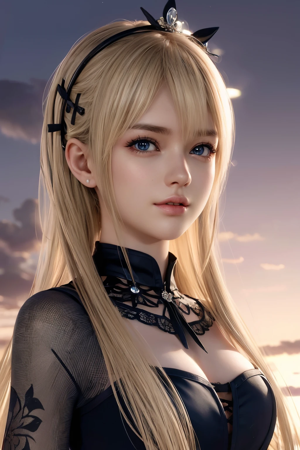 ​Marie rose, Blonde hair, masterpiece, masterpiece, (Ultra Realistic), (Illustration), (Increased Resolution), (8K), (Extremely Detailed), (Best Illustration), (Beautiful and Detailed Eyes), (Best Quality), (Ultra Detailed), (Masterpiece ), ( wallpaper), (detailed face), solo, 1 girl, looking at viewer, fine details, detailed face, in the dark, deep shadows, low key, pureerosfaceace_v1, smiling, long hair, black shawl straight hair , 46 points oblique bangs