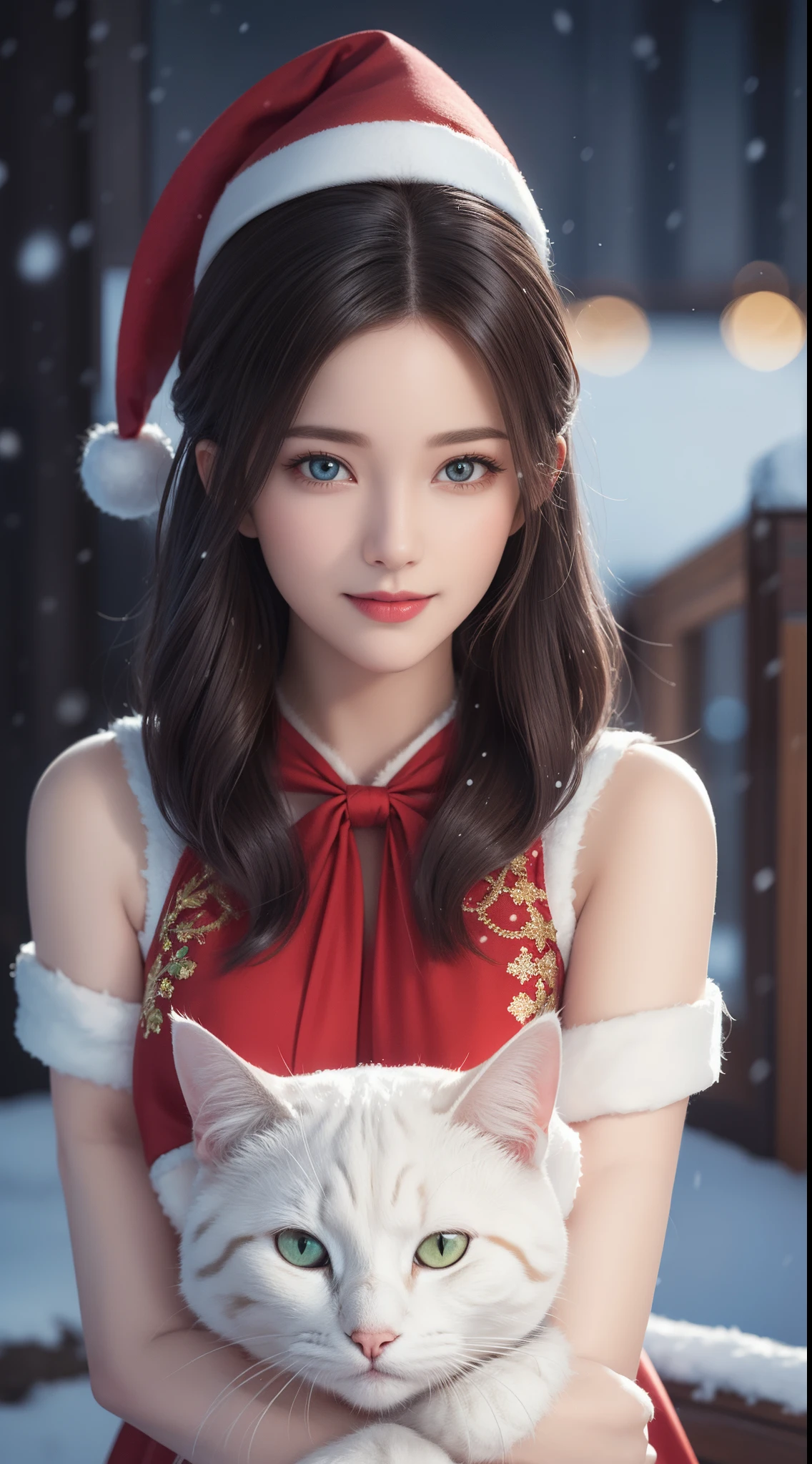(Aesthetic, High Resolution: 1.2), full-body portrait of a beautiful 20-year-old woman wearing an intricately detailed red boby Santa Claus costume, symmetrical costume structure, bright clear eyes, happy smile, changing hairstyle, falling snow, snow in hair. Professional photographer, minimalism, conceptual art, intricate detail, 8k post-production, High Definition, Ultra Detail, trending on ArtStation, sharp focus, artistic dark studio photos, details Intricate details, Highly detailed, By Greg Rutkowski, professional light and dark art, Vibrant colors. Outdoor winter scene with snow in the evening, A slight smile, True art, many hairstyles and color changes, Passionate mood, Seductive expressions, Sexy lips, Wet lips, Eyes seductive aim, seductive appearance, seductive posture. 3D vector art、caliber cat、Cat in Santa hat、Cat with bell collar、cute christmas gift, cat fur、Surreal quality, Cute and quirky, Fantasy art, Brand Watercolor effect, girl hugging a cat.