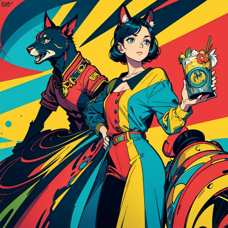 Criar arte digital no estilo Pop Art, Apresentando um gato vibrante e confiante,moda de rua, esquema de cores do filme, Rodeado por motivos de flores vintage, Pinceladas vibrantes,Emotions Should Be Dynamic, dorso, desenho, illustration, escala cinza, tropical, muitas flores,