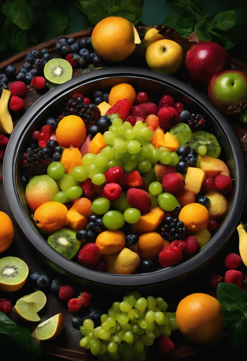 An image of a colorful fruit salad arranged in a fancy dish, (with the Nvidia GPU placed in the center as a decorative element:1.4), (computer chip in center:1.2),original,Jensen Huang, Male