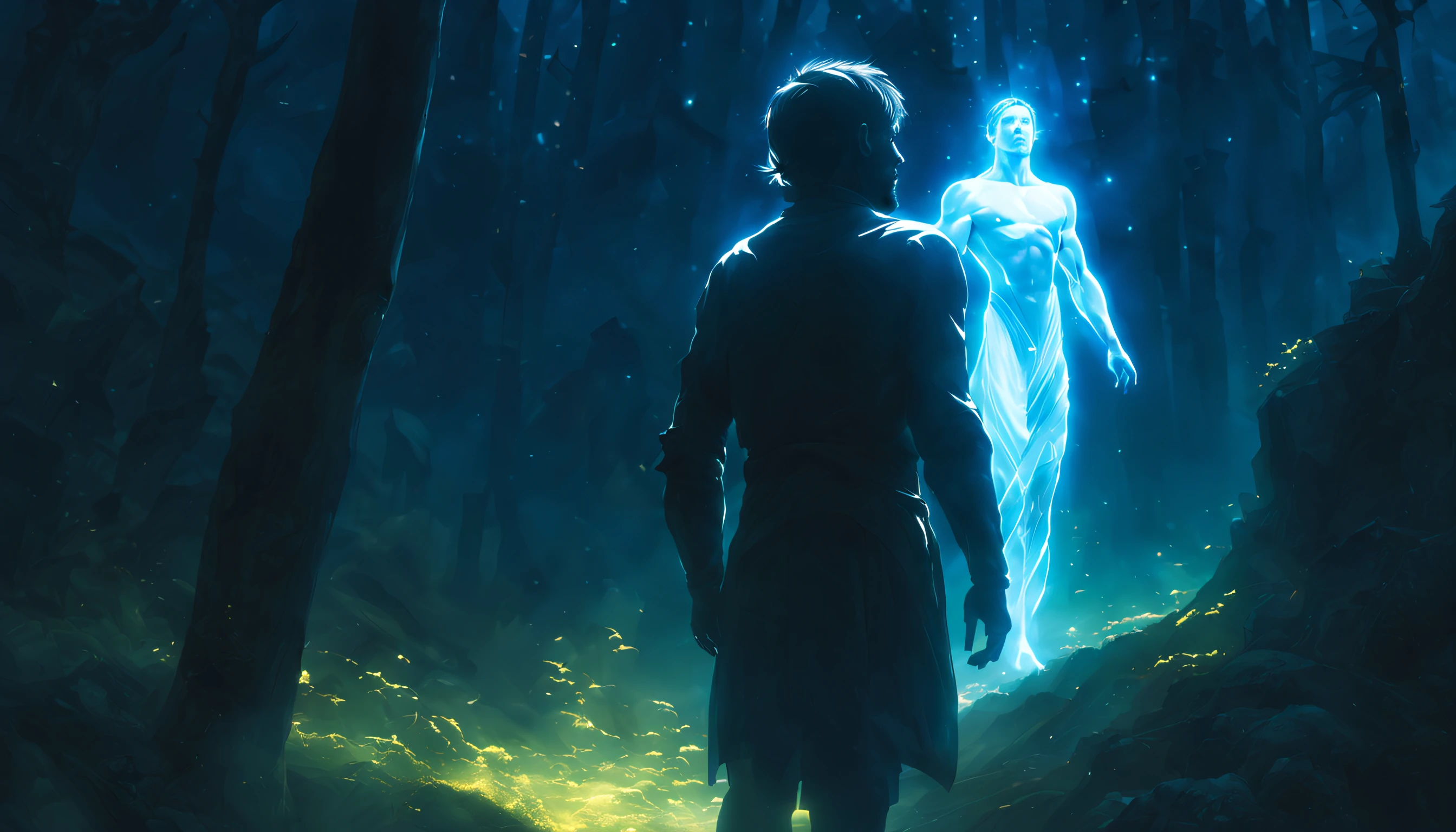 far distant man in a bright glowing aura of light, ascension, UHD, by Aleksi Briclot and Alessio Albi and Alexandre Cabanel, unzoom