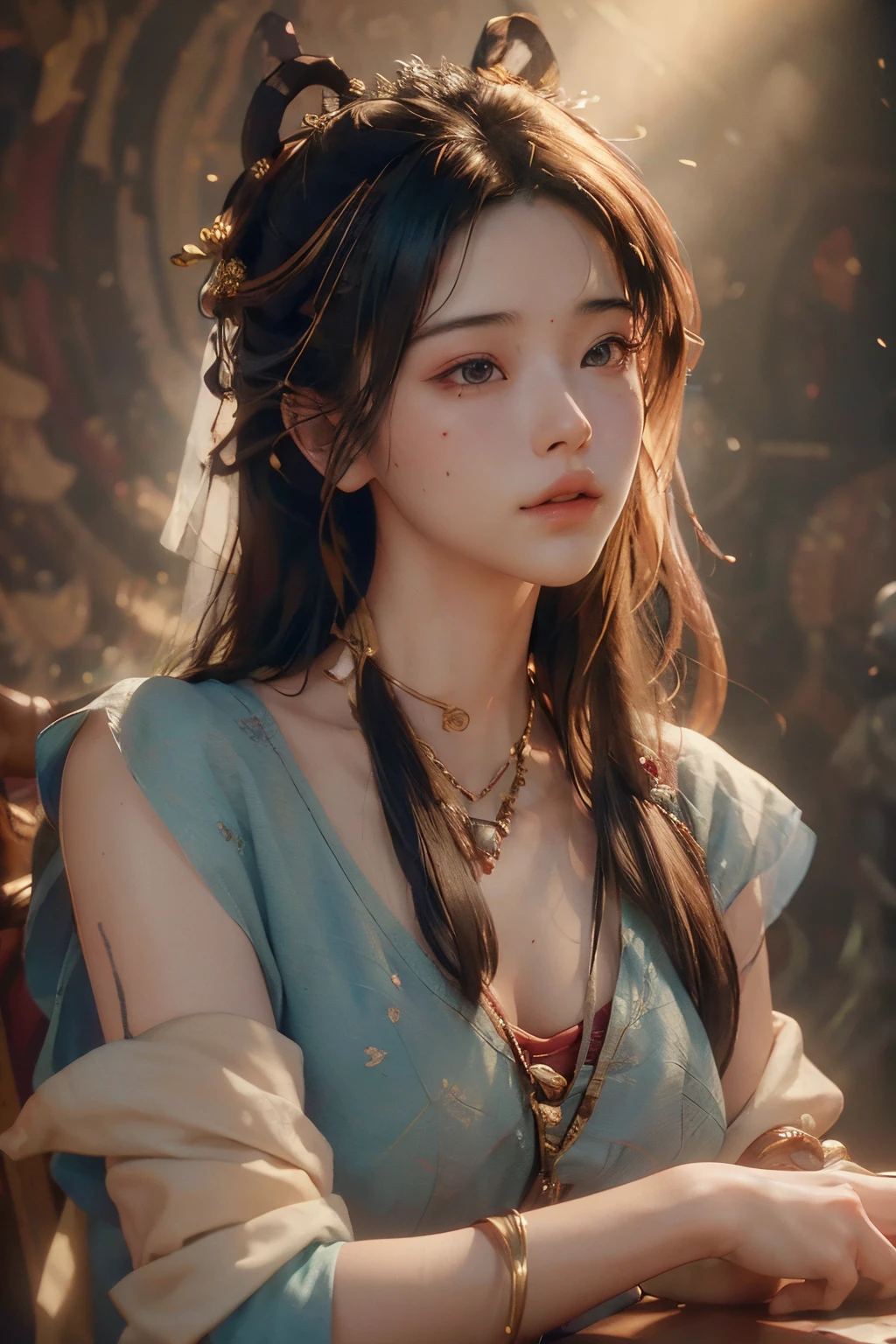 nsfw,(RAW photo, best quality),(realistic, photo-realistic:1.3),best quality,highly detailed,masterpiece,ultra-detailed,illustration,1boy,upper_body,dynamic angle,world masterpiece theater,messy_long_hair,best quality,extremely detailed CG unity 8k wallpaper,ink,Amazing,cinematic lighting,lens_flare,dunhuang_style,