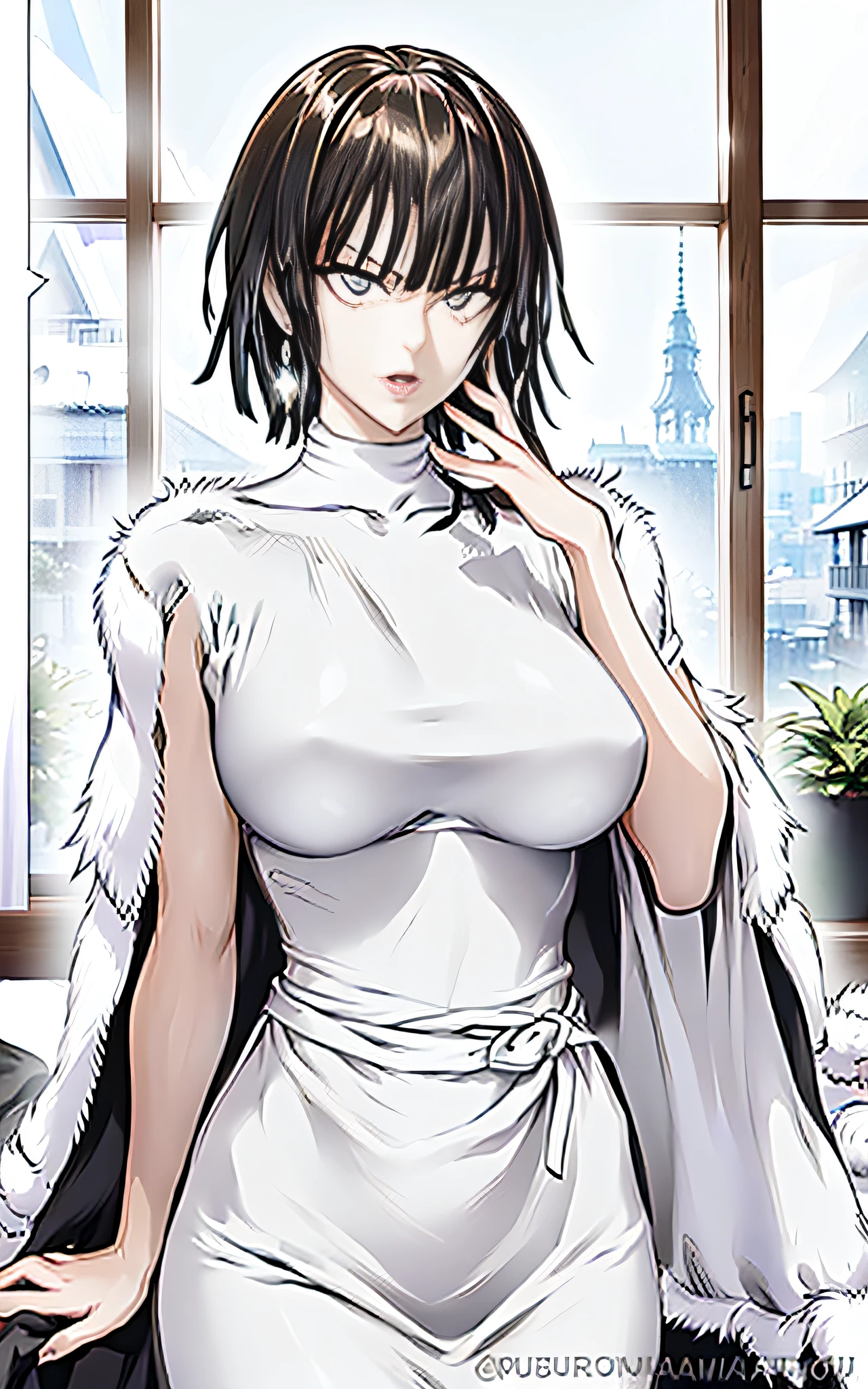 murata yuusuke, 1girl, fubuki \(one-punch man\), black dress, black hair, large breasts, fur coat, masterpiece,bestquality,1girl, looking at viewer, snow,, full body,