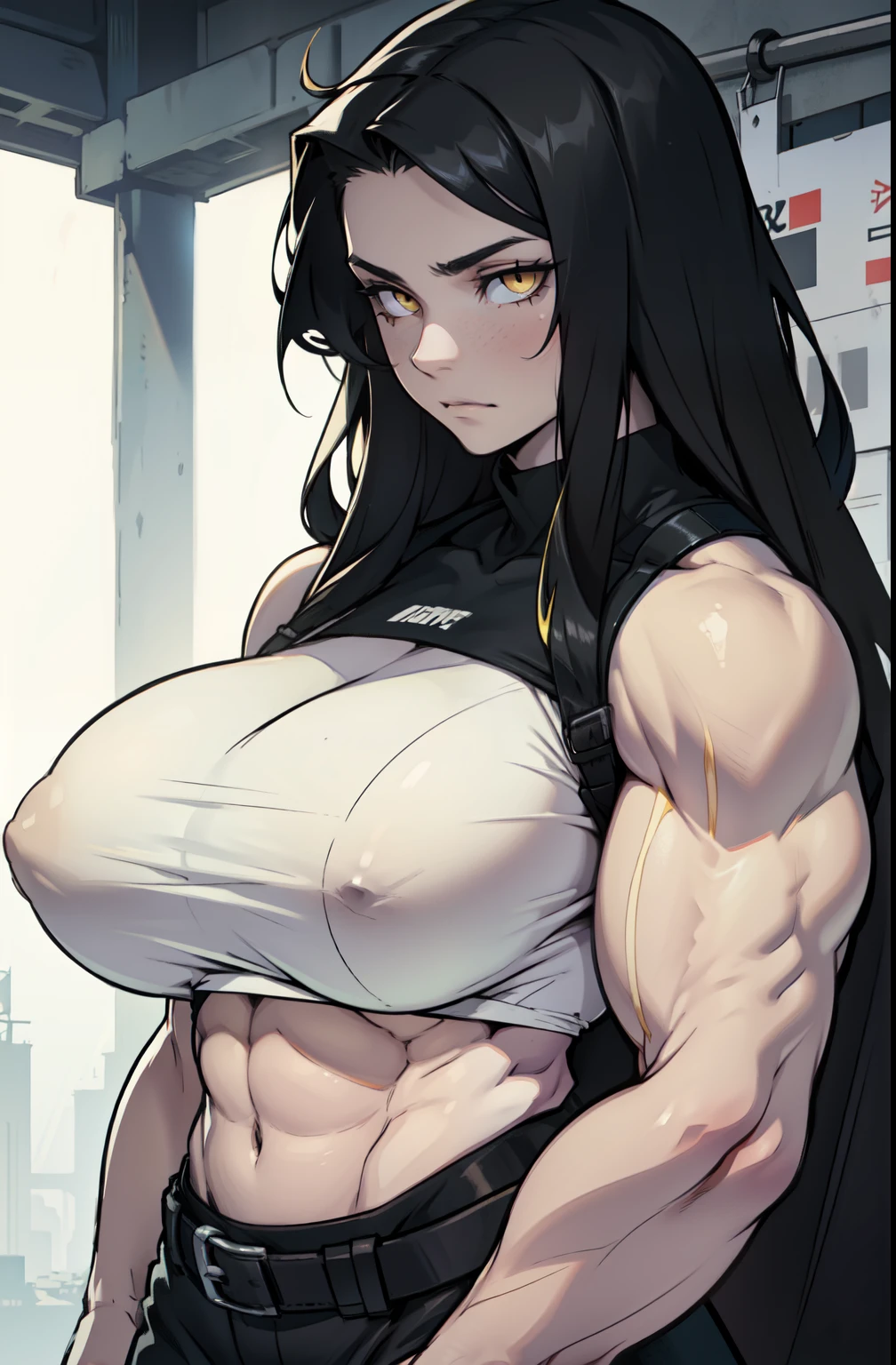((1 girl)) sad girl very long hair pale skin black hair yellow eyes ((((muscular)))) huge tits