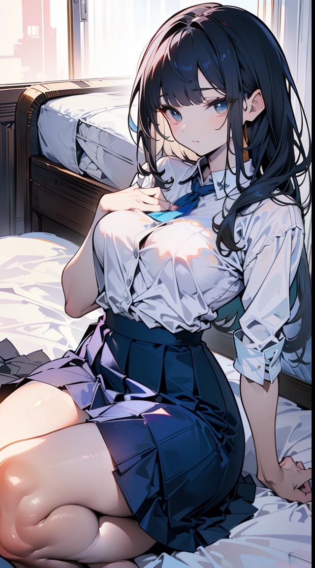((portfolio:1.2)),Perfect hand drawing、((Lying on your back:1.2))、cover angle、Beautiful body lines、1 beauty, (thick neck:1.4)、(broad shoulders:1.4)、(Smaller face)、(pointed breast:1.6)、((long-haired black color:1.2))、Model body type、(Smaller chest:1.2)、17 age、Sharp eyes、Watery Big Eyes、Impatience and shy laughter:1.2、((student clothes:1.4))、(White shirt and knee-length navy skirt:1.2)、(facefocus:1.4)、evening、Extremely detailed, Detailed background, Cinematic lighting, (The skirt is twisted to reveal underwear:1.2), ((Roll Up Shirts:1.2)),((beautiful white underwear with lace:1.2))、(on the beds:1.2), Footboard beauty,