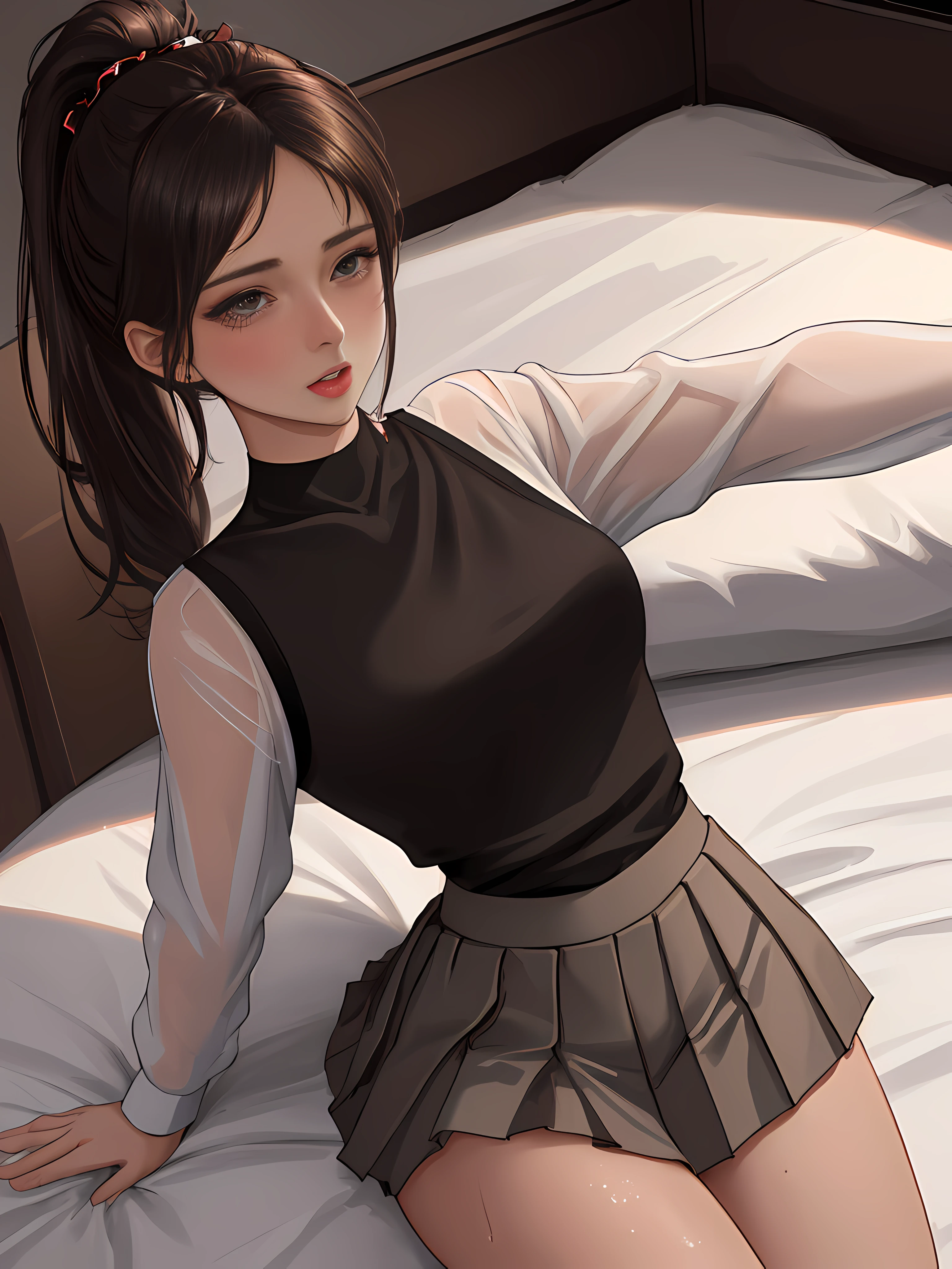 Sudor y cuerpo mojado, translucent water blouse, en una pose sexy estirando los brazos, lying on the bed of a luxury hotel masturbating with an erotic toy, mientras grita y encorva la espalda, su rostro enrojecido mirando al techo, excitado, pervertido y lujurioso, an incredibly beautiful European girl, 17 yeanos perfectas y detalladas, Dedos finos, Ojos perfectos y altamente detallados, Cara perfecta, Perfect and athletic body,), /(pelo liso y espeso de color negro azabache peinado en una cola de caballo, cara triangular, perfect brown eyes, piernas bien formadas, Cuerpo de reloj de arena, caderas medianas, small waist, pecho grande), /(Uniforme escolar: blusa beige con escote, dark brown miniskirt with white lines and pleats, calcetines gris oscuro,) Ojos color avellana claros extremadamente detallados, detailed symmetric realistic face, Textura natural de la piel extremadamente detallada, peach fuzz, Obra maestra, absurdos, nikon d850 film stock photograph, Kodak Portra 400 camera F1.6 lentes, extremadamente detallado, asombroso, Detalle fino, colores ricos, Textura realista hiperrealista, Dramatic lighting, UnrealEngine, CineStill 800 Tungsteno, Mirando al espectador, Foto realista, Foto RAW, alta calidad, Altas Resoluciones, foco nítido, extremadamente detallado, cinematic lighting, 8k UHD