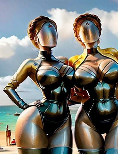 titsonastick, (anime), (illustration), cartoon, detailed, sexy, twins, (on beach:1.3), busty, huge breasts, wide hips, (soaked in oil:1.2), posing