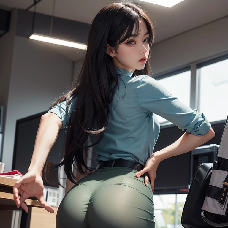 office worker woman,40 years,skirt by the,Transparent pant line,T-back pants,impossibly big butt、Angle from behind、Buttocks center、The skirt is too short and you can see my pants、Green underwear、Turned、I can see your face、Super long hair、A dark-haired、eye glass、Raw feet、Super beauty、hiquality、Bewitching、Provocative facial expressions