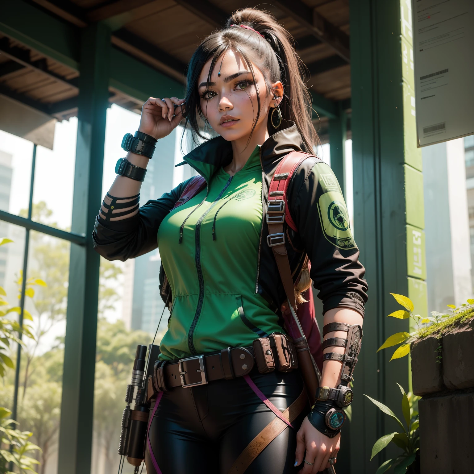 indigena, archery, cyberpunk, brinco   de pena, huntress ( technological), superhero costume, em uma floresta, arqueiro Verde