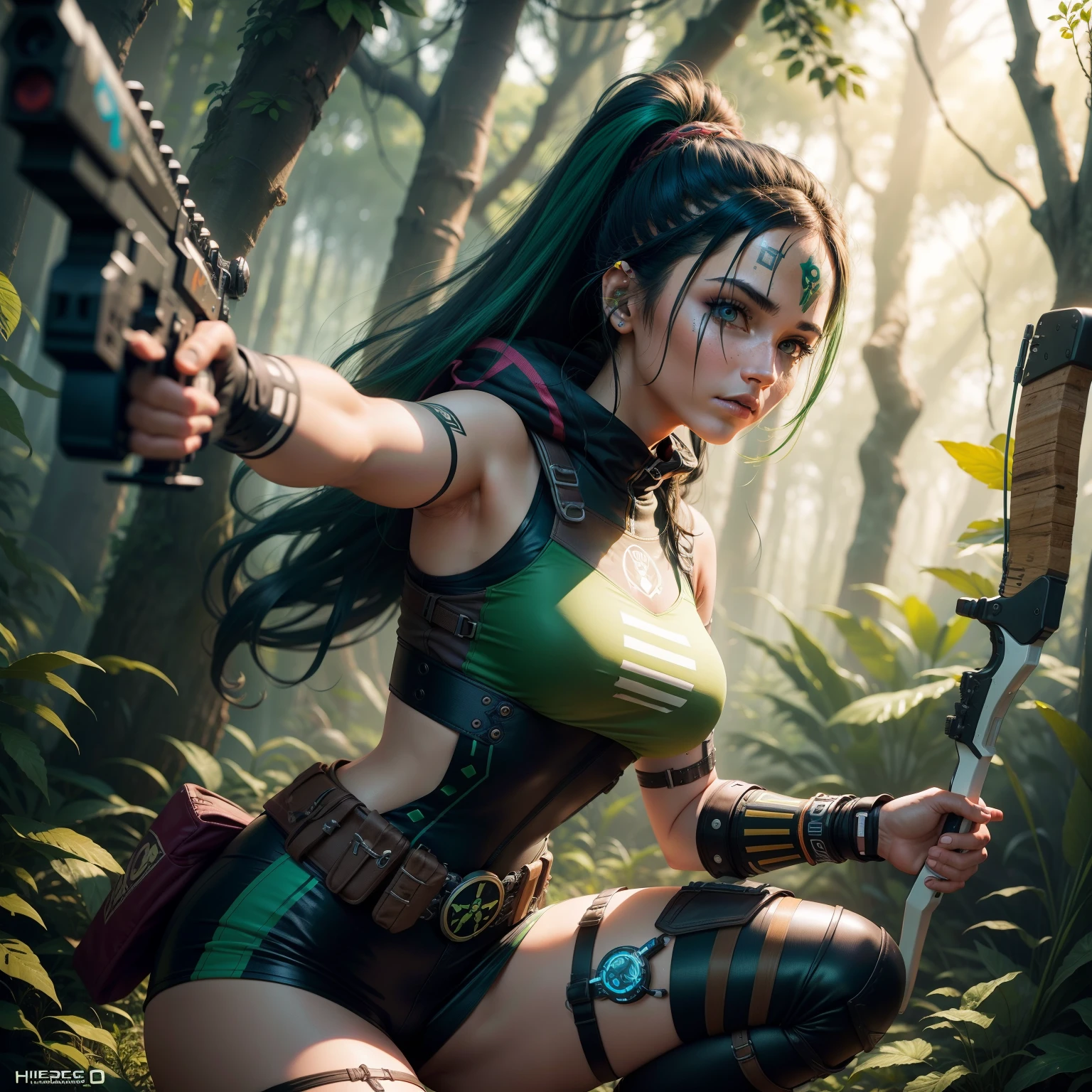 indigena, archery, cyberpunk, brinco   de pena, huntress ( technological), superhero costume, em uma floresta, arqueiro Verde