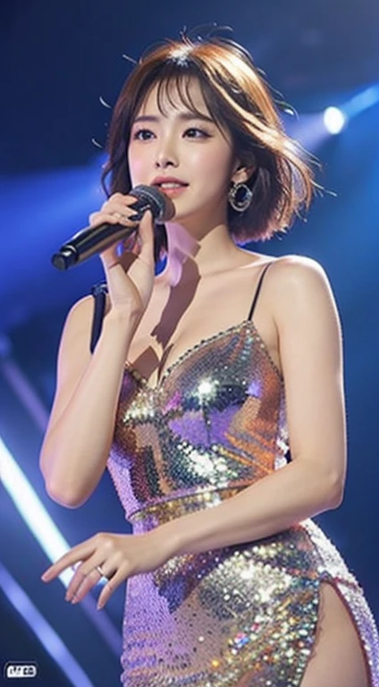 Hyper-realistic 8K,hyper HD,short hair girl,Sweet,Wearing a gorgeous sequin dress,realistic skin textures,Stand on a gorgeous stage,microphone stand,band,Normal face details,Requires body proportion and structural coordination,Want normal finger details,have clear fingers,Distinguish between left and right hands,high detal、photorealisti、Verism、lightand shade contrast、depth of fields、cinmatic lighting、motionblur、jpeg artifacts、image fill、f/2.8、kanon、textureskin,Eye-level shooting、bokeh、super detailing、acurate、best qualtiy、A high resolution、high detal, high high quality, 16k, tmasterpiece, UHD, 16k