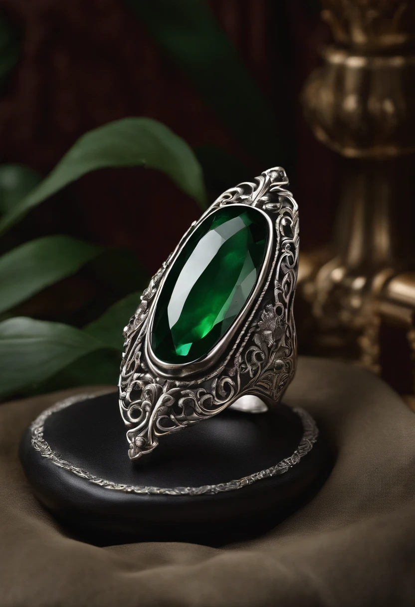 An ornate silver and emerald Malfoy family ring, carefully placed on a velvet cushion in the heirloom display case of the Malfoy Manor.,Harry Potter and the Chamber of Secrets,Lucius is tall with long straight blonde hair, icy blue eyes, wears black suits and robes, carries a walking stick with a silver snake head at the top. Famously portrayed by Jason Isaacs, male