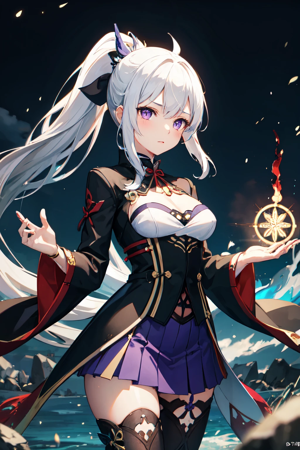 1girl, japanese clothes, ponytail ,white hair, purple eyes, magic circle, blue fire, blue flames, wallpaper, landscape, blood, blood splatter, depth of field, night, light particles, light rays, sidelighting, thighs, fate \(series\), genshin impact, open jacket, skirt, thighhighs, cloud, hands behind back,