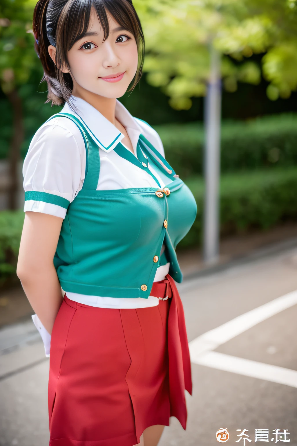 (Best Quality,8K,High resolution:1.2),(Beautiful Realistic Asians:1.4)、(cute Japanese girls:1.4),(Huge breasts:1.20),(Glamorous)、Beautiful、夏天、High school 、17 age、hhool uniform、(Wriggle your hips,embarrassed from)、Wagas、during the day、Professional、