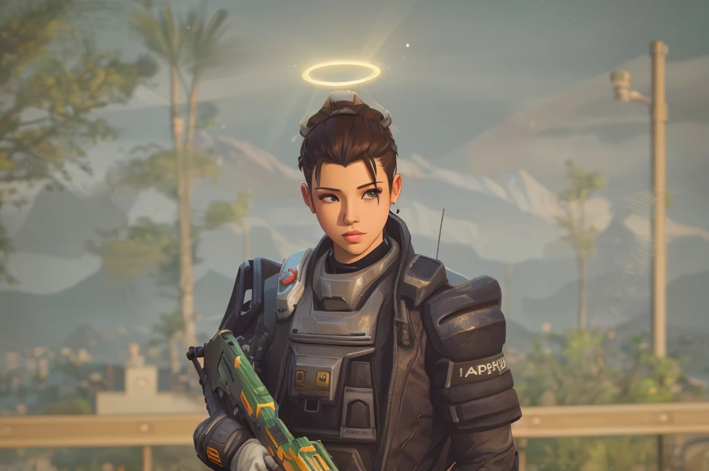 there is a man with a halo on his head holding a gun, male with halo, npc with a saint's halo, npc with a saint\'s halo, orange halo around her head, orange halo, makoto shinkai ( apex legends ), glowing halo above his head, wearing angel halo, halo above head, loba andrade from apex legends, holy halo