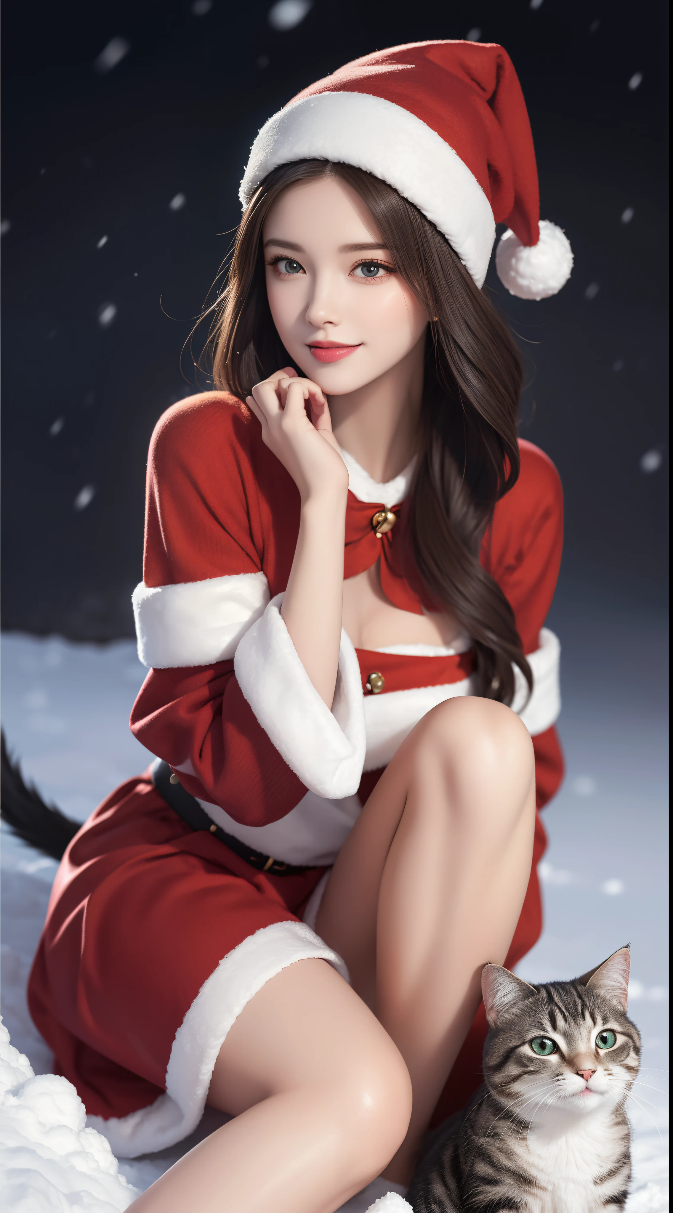 (Aesthetic, High Resolution: 1.2), full-body portrait of a beautiful 20-year-old woman wearing an intricately detailed red boby Santa Claus costume, symmetrical costume structure, bright clear eyes, happy smile, changing hairstyle, falling snow, snow in hair. Professional photographer, minimalism, conceptual art, intricate detail, 8k post-production, High Definition, Ultra Detail, trending on ArtStation, sharp focus, artistic dark studio photos, details Intricate details, Highly detailed, By Greg Rutkowski, professional light and dark art, Vibrant colors. Outdoor winter scene with snow in the evening, A slight smile, True art, many hairstyles and color changes, Passionate mood, Seductive expressions, Sexy lips, Wet lips, Eyes seductive aim, seductive appearance, seductive posture. 3D vector art、caliber cat、Cat in Santa hat、Cat with bell collar、cute christmas gift, cat fur、Surreal quality, Cute and quirky, Fantasy art, Brand Watercolor effect, girl hugging a cat.