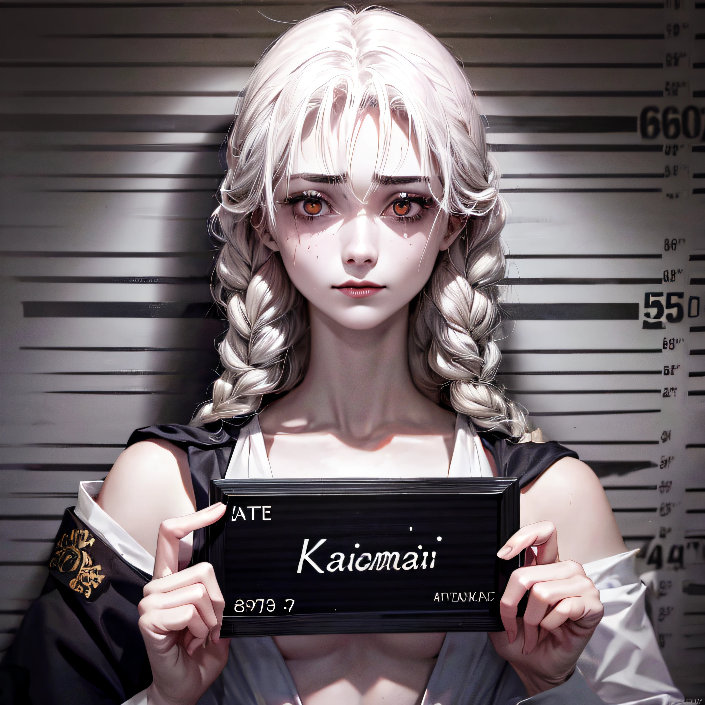 corpse, sinister, female, thin, pale, looking at the camera, ultra realistic, fully detailed, cemetery environment, bright eyes, white dress torn and stained with blood, bones exposed, putrid wounds, sensual, terrifying, bruised by the body, exposed fracture in the collarbone, slight smile, super detailed, white eyes,gun shots in the body, Mitsuri Kanroji