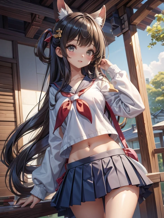 one-girl,,cute big breasts,smallunderboob,small boobs,long whitr hair,校服,exposing your navel,Thin leg,mess up hair with hands,middle School girls
