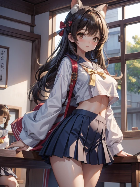 one-girl,loli,cute big breasts,smallunderboob,small boobs,long whitr hair,校服,exposing your navel,Thin leg,mess up hair with hands,middle School girls