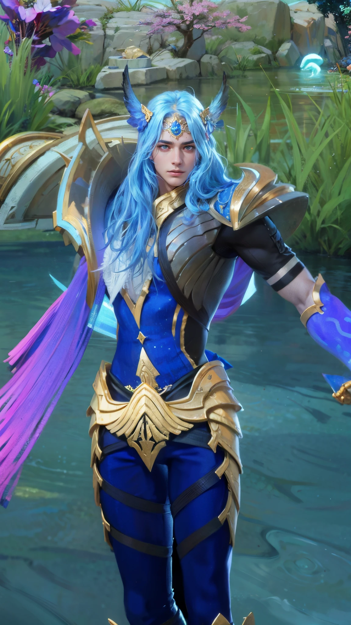 Best quality, masterpiece, detailed skin texture, detailed clothes texture, detailed face, super detail, 8k, intricate detail, 1 boy, The color doesn't change, Muscle guy, 1 guy, blue hair