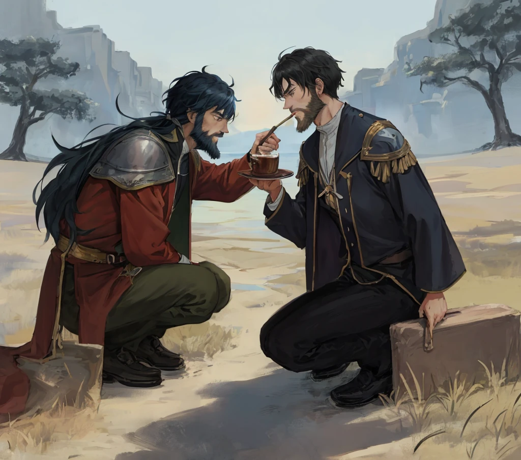 Anime American brothers in fantasy world both with black hair and different beards