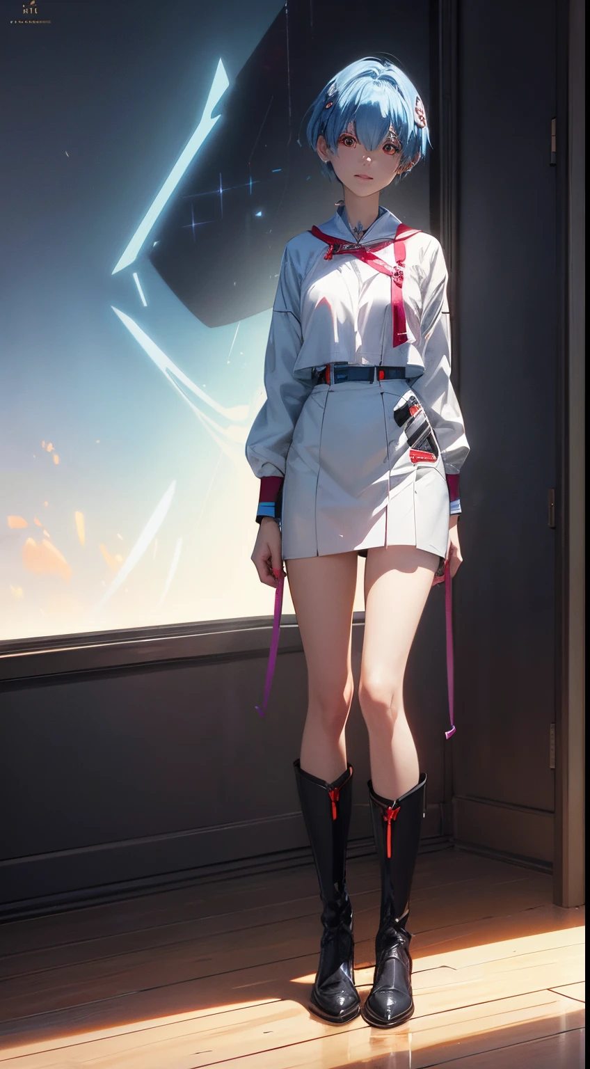 Evangelion Cockpit,Masterpiece portrait of a smiling Rei Ayanami (Evangelion), Evangelion (Hideaki), Caustics, High resolution illustration,14years, Red Eyes, Feminine, no pupils, Blue hair, Short hair, Very small breasts,Japan school uniform, lowfers, swpunk, Synth Wave, Paint splatters, shaded flat illustration, Digital Art, Trending on ArtStation, Highly detailed, Fine detail, Convoluted, Splatter, Outrun, Vaporware, neon color,undergarment,long boots