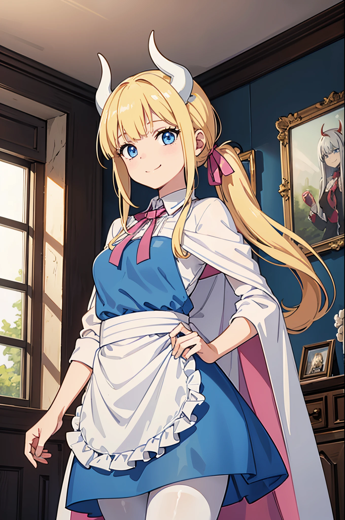 Safe for work, masterpiece, solo, 1 girl, (young female body:1.4), ( medium breasts), cowboy shot, yellow hair, low ponytail, extra long hair, side ponytail, blunt bangs, light blue eyes, indoors mansion, Fairy Tail anime style, white demon horns, demon horns, white horns, thick white demon horns, pink cloak, light pink cape, short cape, blue dress, light blue griffin style dress, short dress, white pantyhose, smiling, pink cooking apron, apron around waist, white devil horns, white horns, inside mansion