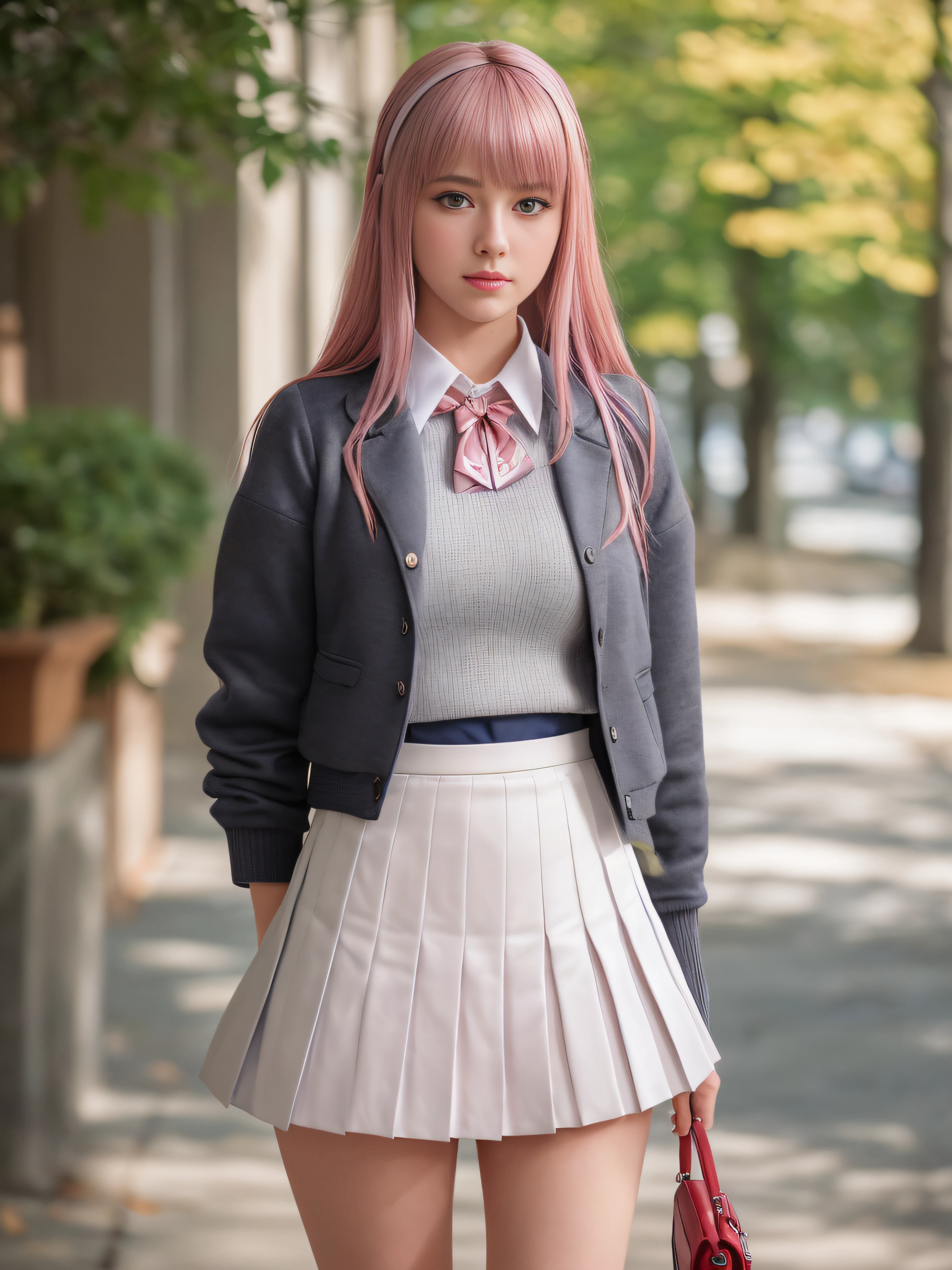 A 17-year-old European schoolgirl, at high school on a winter day, /((cabello rosado, Ojos rojos en forma de almendra perfectamente ultra detallados, piel blanca, labios finos, nariz delgada, conical hands, Dedos perfectos altamente detallados, Cuerpo de reloj de arena, caderas perfectas, small waist, piernas bien formadas, Sexy)), /((Uniforme de colegiala: Minifalda gris con pliegues, Blusa blanca de manga corta, grey sweater, Chaqueta azul oscuro)), full length portrait of an incredibly beautiful girl, detailed symmetric realistic face, Textura natural de la piel extremadamente detallada, peach fuzz, Obra maestra, absurdos, nikon d850 film stock photograph, Kodak Portra 400 camera F1.6 lentes, extremadamente detallado, asombroso, Detalle fino, colores ricos, Textura realista hiperrealista, Dramatic lighting, UnrealEngine, CineStill 800 Tungsteno, Mirando al espectador, Foto realista, Foto RAW, alta calidad, Altas Resoluciones, foco nítido, extremadamente detallado, cinematic lighting, 8k UHD,