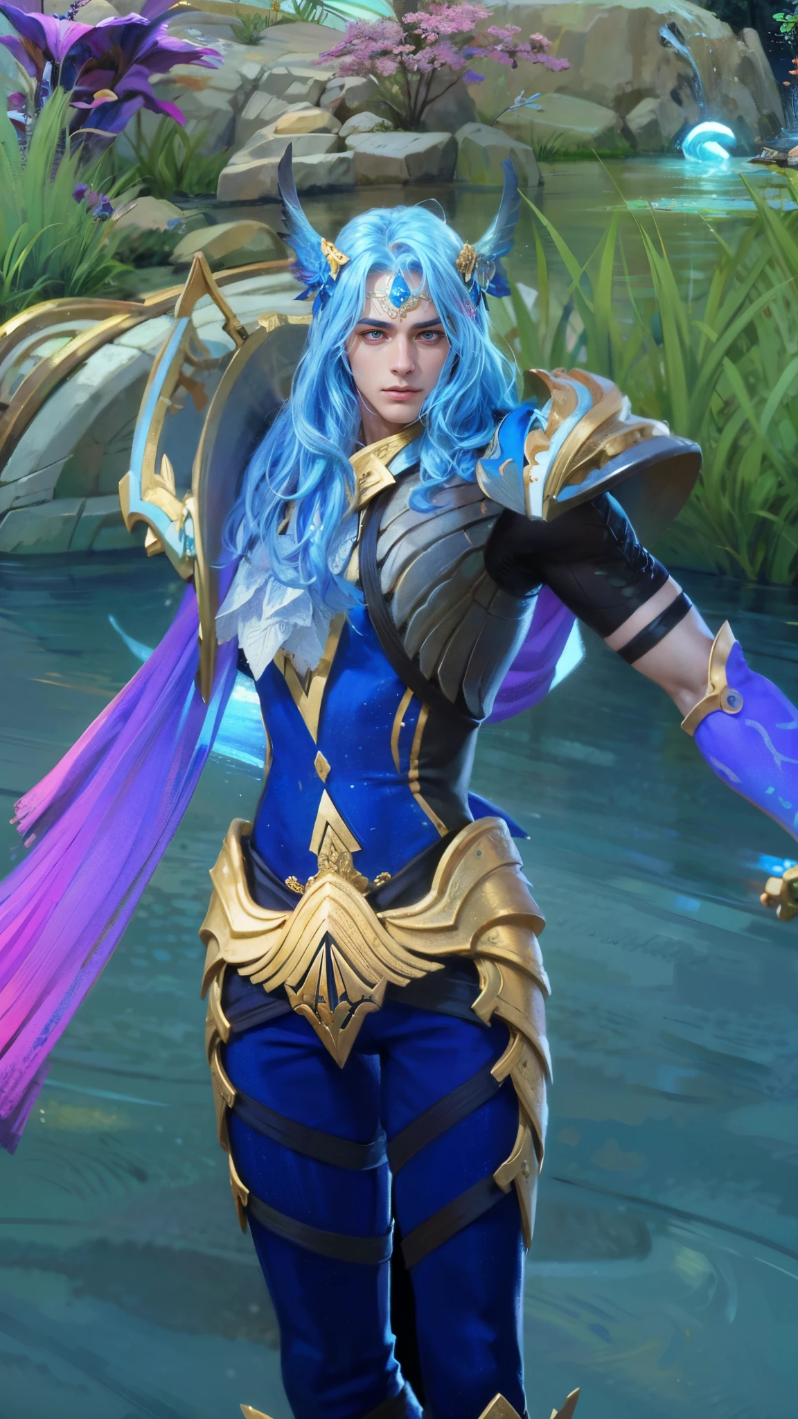 Best quality, masterpiece, detailed skin texture, detailed clothes texture, detailed face, super detail, 8k, intricate detail, 1 boy, The color doesn't change, Muscle guy, 1 guy, blue hair