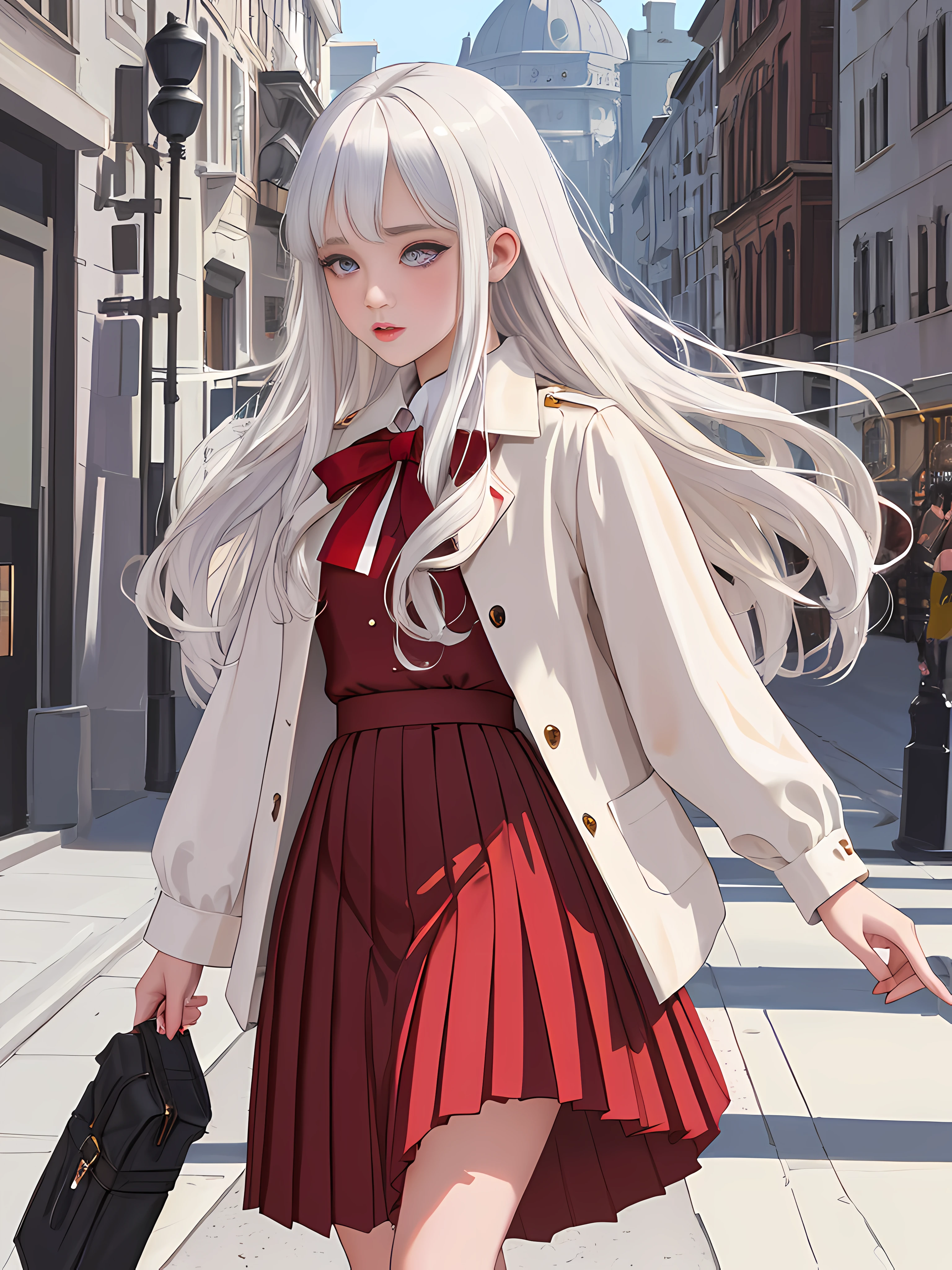 A 17-year-old European schoolgirl, Walking through the streets of a large metropolis, one christmas day, /((Cabello largo platino ceniciento, Ojos violetas en forma de almendra perfectamente ultra detallados, piel blanca, labios finos, nariz delgada, conical hands, Dedos perfectos altamente detallados, Cuerpo en forma de reloj de arena, caderas perfectas, small waist, piernas bien formadas, Sexy)), /((Ropa casual de invierno: Falda larga plisada roja con patrones cuadrados blancos, Blusa blanca de manga larga, Abrigo beige,)), full length portrait of an incredibly beautiful girl, detailed symmetric realistic face, Textura natural de la piel extremadamente detallada, peach fuzz, Obra maestra, absurdos, nikon d850 film stock photograph, Kodak Portra 400 camera F1.6 lentes, extremadamente detallado, asombroso, Detalle fino, colores ricos, Textura realista hiperrealista, Dramatic lighting, UnrealEngine, CineStill 800 Tungsteno, Mirando al espectador, Foto realista, Foto RAW, alta calidad, Altas Resoluciones, foco nítido, extremadamente detallado, cinematic lighting, 8k UHD,