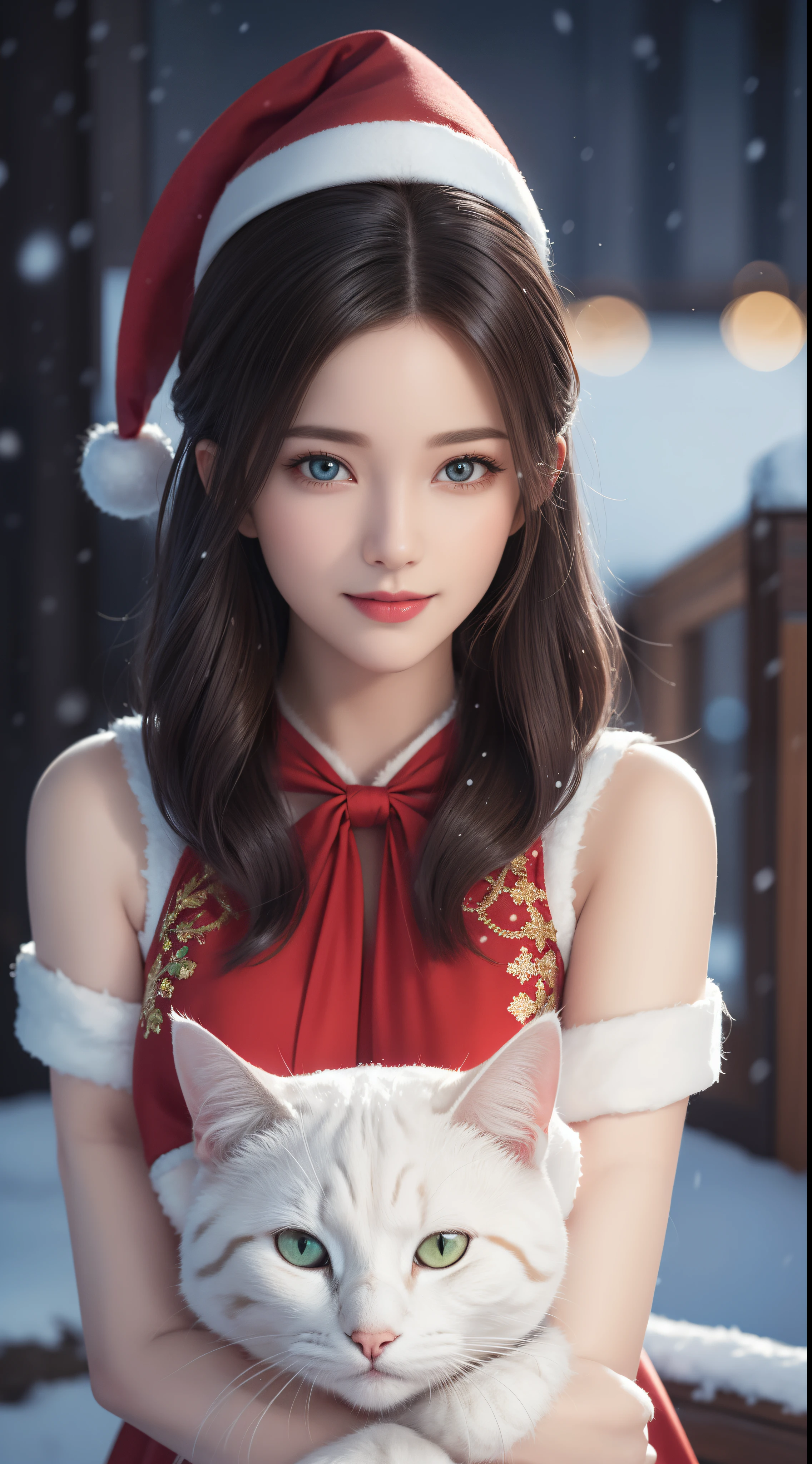 (Aesthetic, High Resolution: 1.2), full-body portrait of a beautiful 20-year-old woman wearing an intricately detailed red boby Santa Claus costume, symmetrical costume structure, bright clear eyes, happy smile, changing hairstyle, falling snow, snow in hair. Professional photographer, minimalism, conceptual art, intricate detail, 8k post-production, High Definition, Ultra Detail, trending on ArtStation, sharp focus, artistic dark studio photos, details Intricate details, Highly detailed, By Greg Rutkowski, professional light and dark art, Vibrant colors. Outdoor winter scene with snow in the evening, A slight smile, True art, many hairstyles and color changes, Passionate mood, Seductive expressions, Sexy lips, Wet lips, Eyes seductive aim, seductive appearance, seductive posture. 3D vector art、caliber cat、Cat in Santa hat、Cat with bell collar、cute christmas gift, cat fur、Surreal quality, Cute and quirky, Fantasy art, Brand Watercolor effect, girl hugging a cat.