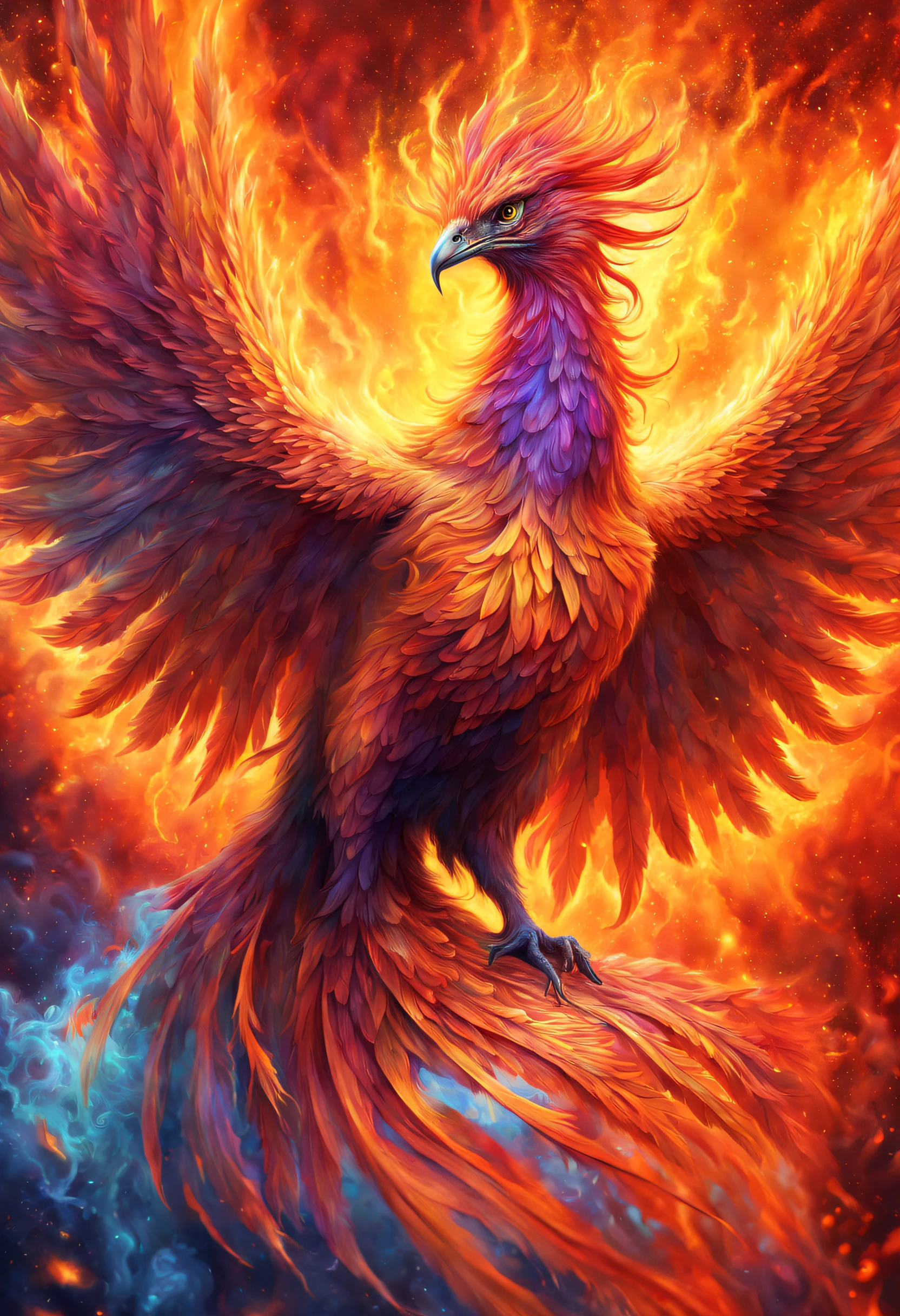 A realistic beautiful phoenix is reborn in the psychedelic fire storm , it has a very visible and lot of textured aura.