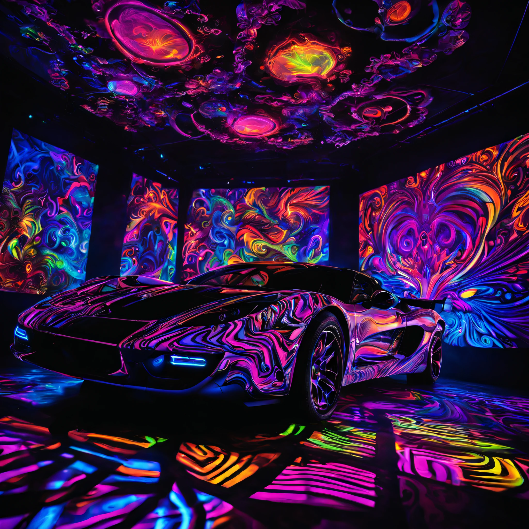 black light art, black light and art, UV sensitive, Psychedelic, tmasterpiece, tmasterpiece, incredibly beautiful, Doubleexposure:1.7, dancefloor, discotheque, dj, smoke machine
