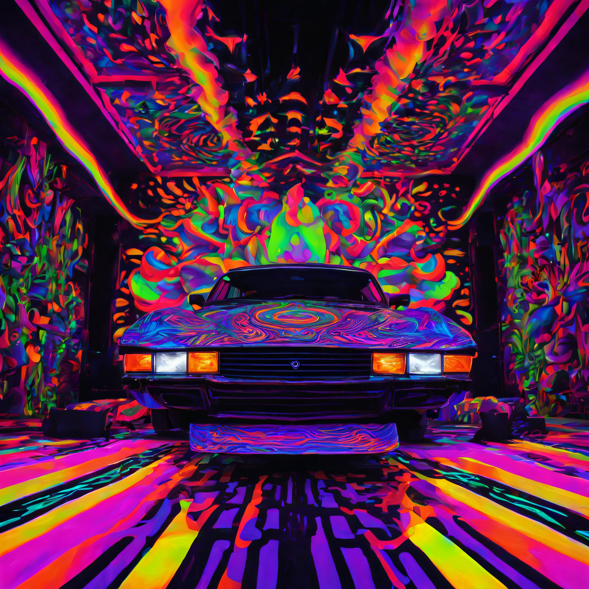 black light art, black light and art, UV sensitive, Psychedelic, tmasterpiece, tmasterpiece, incredibly beautiful, Doubleexposure:1.7, dancefloor, discotheque, dj, smoke machine