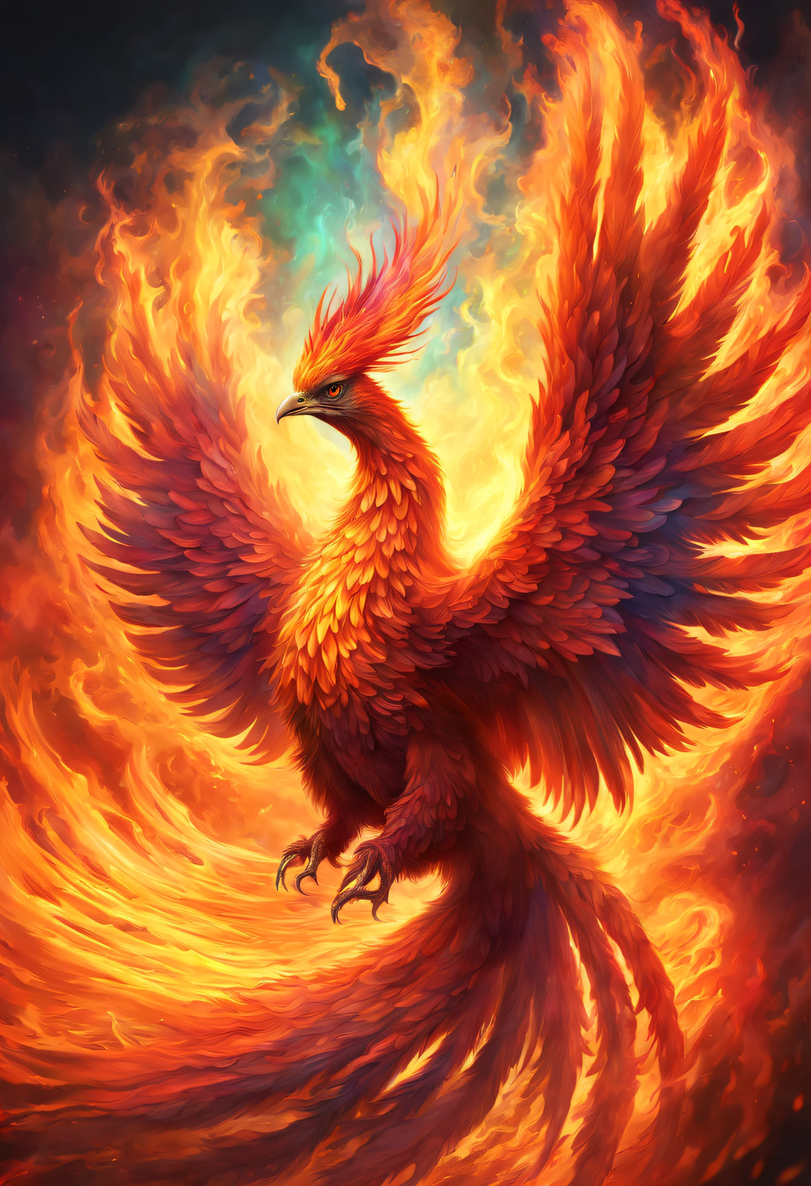 A realistic beautiful phoenix is reborn in the psychedelic fire storm , it has a very visible and lot of textured aura.
