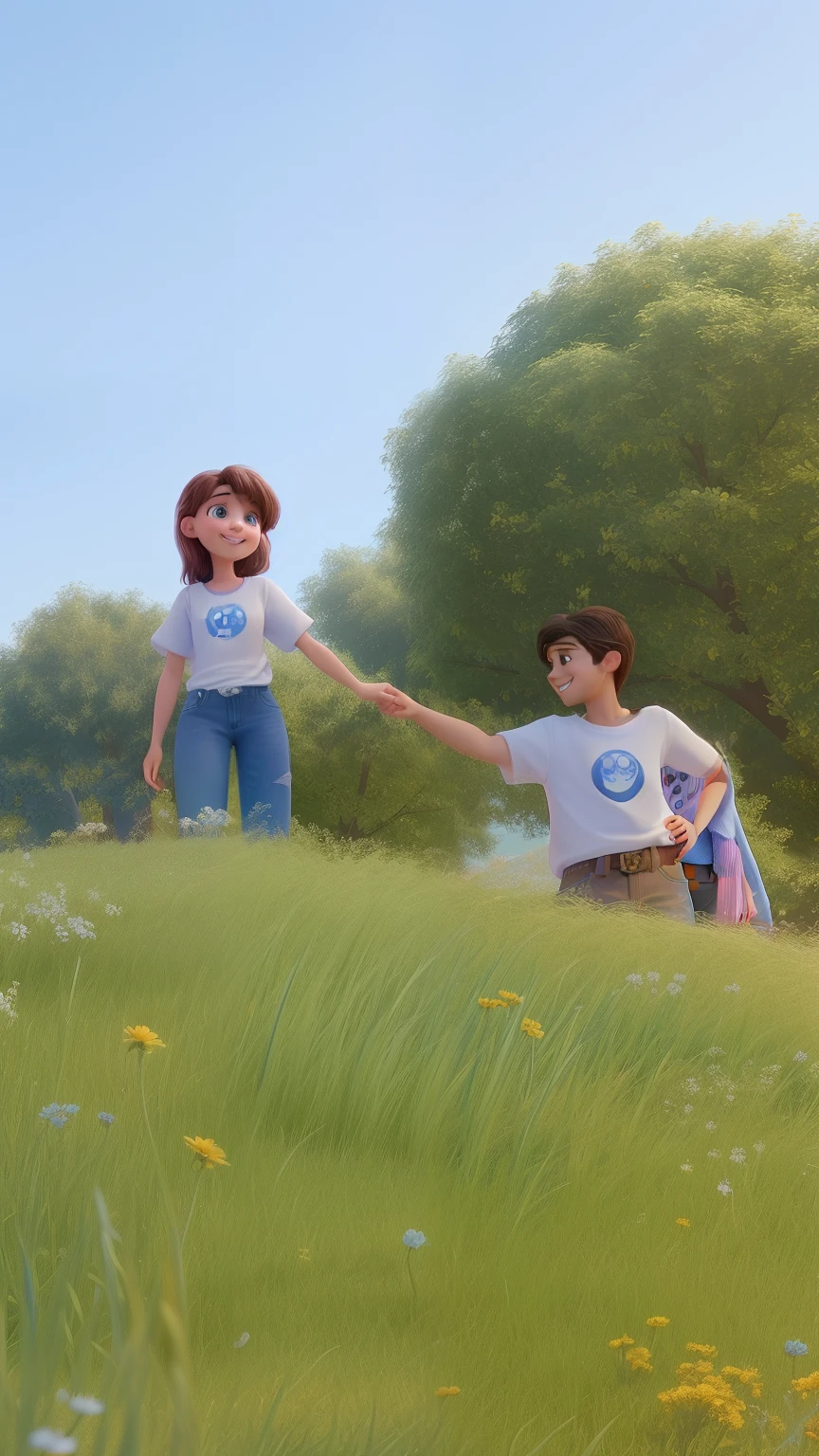 Create a beautiful Disney pixar a girl and boy girl with white tshirt and blue jeans and boy with white shirt and blue jeans holding each other smiling at each other cinematic look